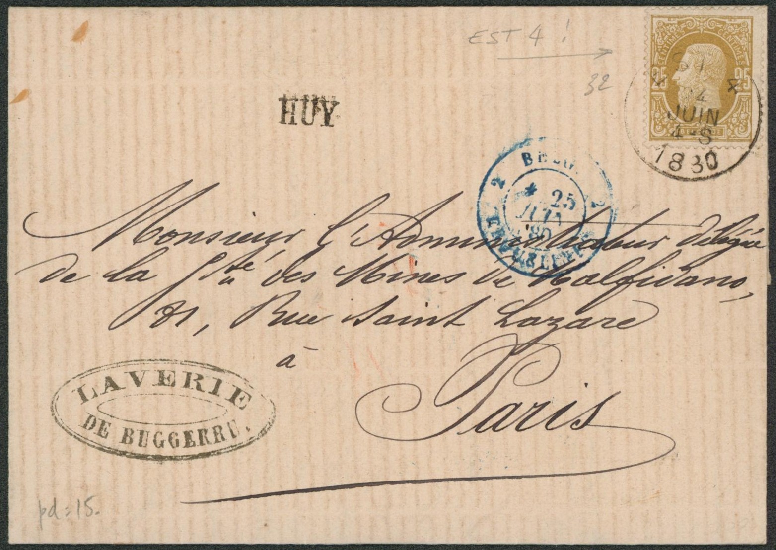 n°32 sur LAC obl ambulant "Est 4" + griffe HUY > Paris / Lavage des minerais. "