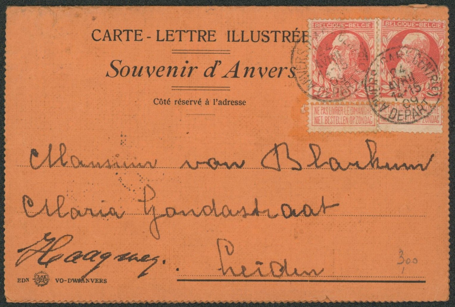 n°74 x2 sur carte-lettre illustrée "Souvenir d'Anvers" (4 vues recto-verso) expédié de Anvers (gare centrale) > Leiden (Pays-Bas)"