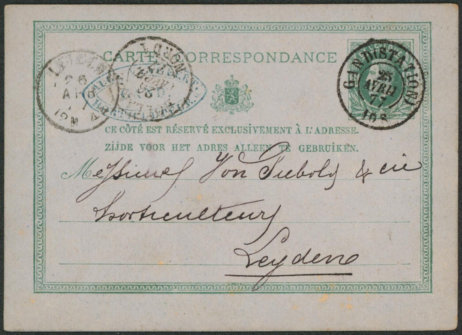 EP au type 10ctm vert obl double cercle (luxe) "Gand (station)" + Passage "Hollande / Nord 1" > Leyden. "