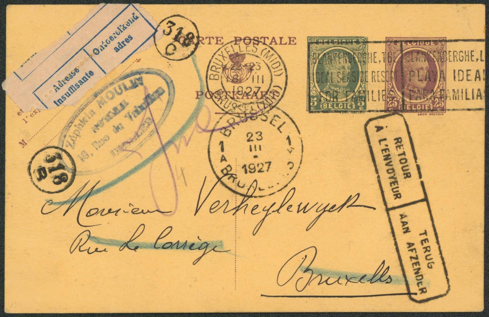 EP au type 25c + 5c houyoux expédié de Bruxelles (midi) > Bruxelles + étiquette bilingue "Adresse insufissante" et griffe encadrée "Retour à l'envoyeur""