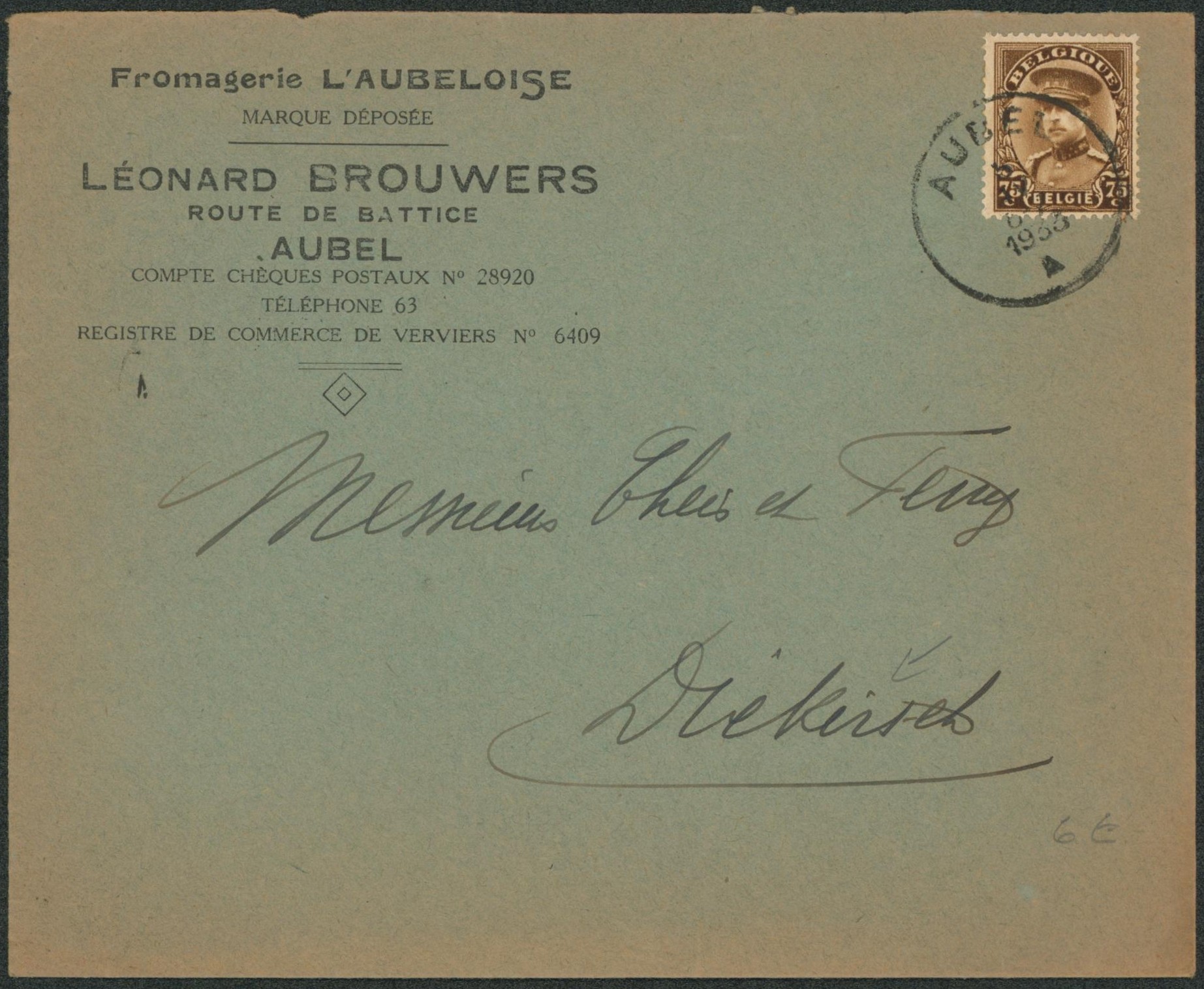 Képi - n°341 sur lettre à en-tête (fromagerie Aubeloise) expédié de Aubel > Diekirch / Tarif frontalier. 