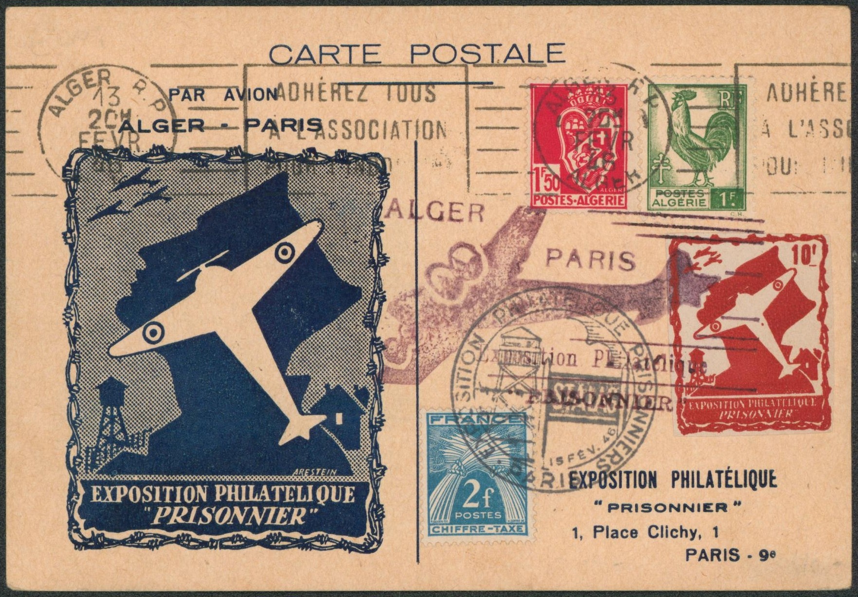France - carte postale de propagande "Exposition philatélique PRISONNIER" par avion Alger-Paris + cachet spécial et vignette. "