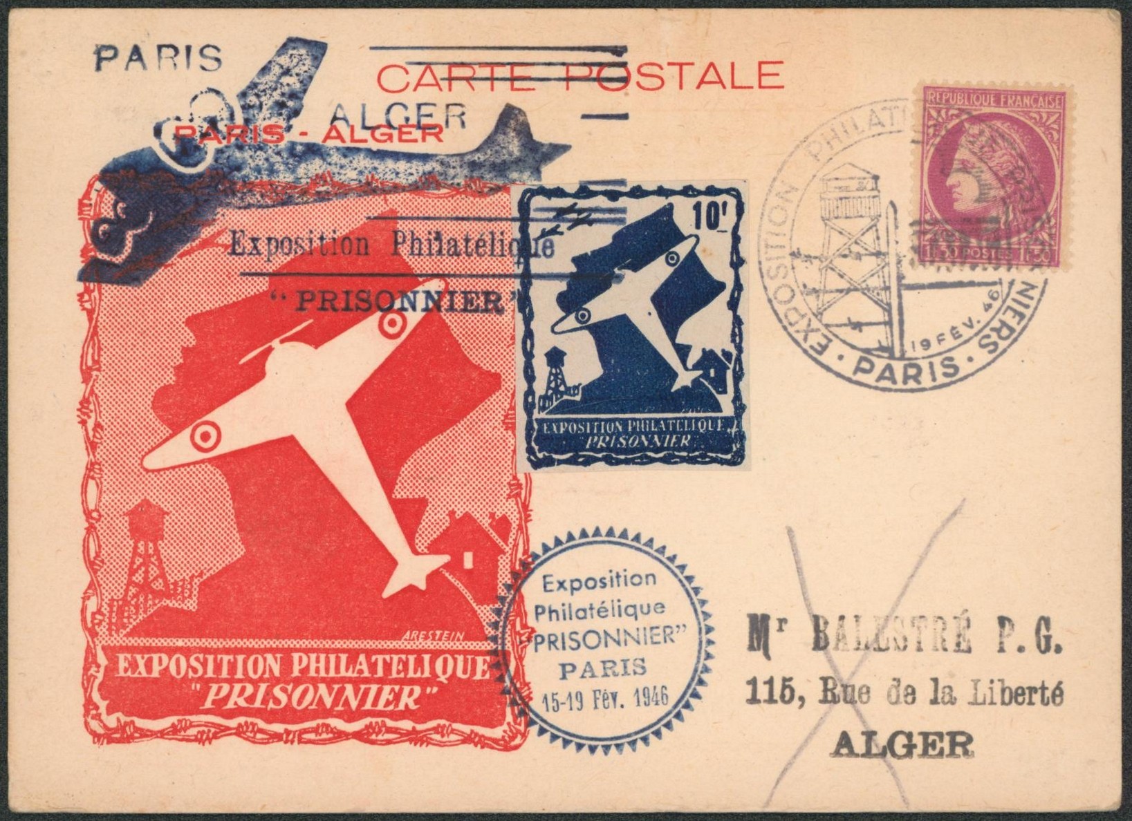 France - carte postale de propagande "Exposition philatélique PRISONNIER" par avion Paris-Alger + cachet spécial et vignette. "