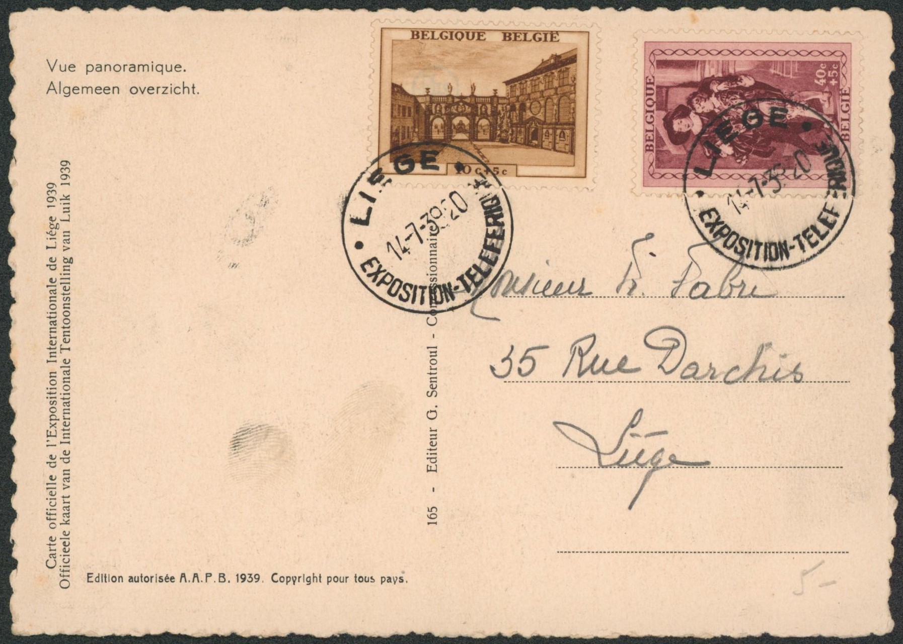 n°504/05 sur CP vue expédié de L'exposition de liège 1939 çàd cachet exposition "Liège / Exposition téléférique" > Liège"