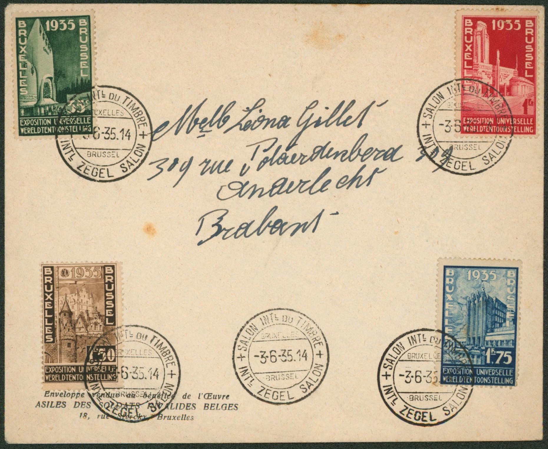 Exposition de Bruxelles 1935 - Série complète sur lettre + cachet temporaire "Salon international du timbre" (Bruxelles)"