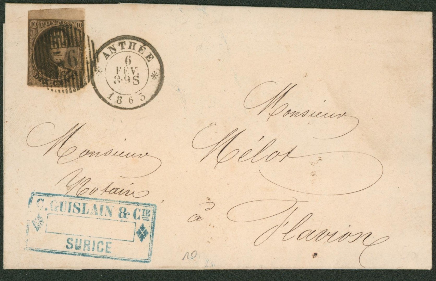n°10 légèrement effleuré + BDF sur LAC obl D36 çàd Anthée (Datée de Surice) > Flavion 