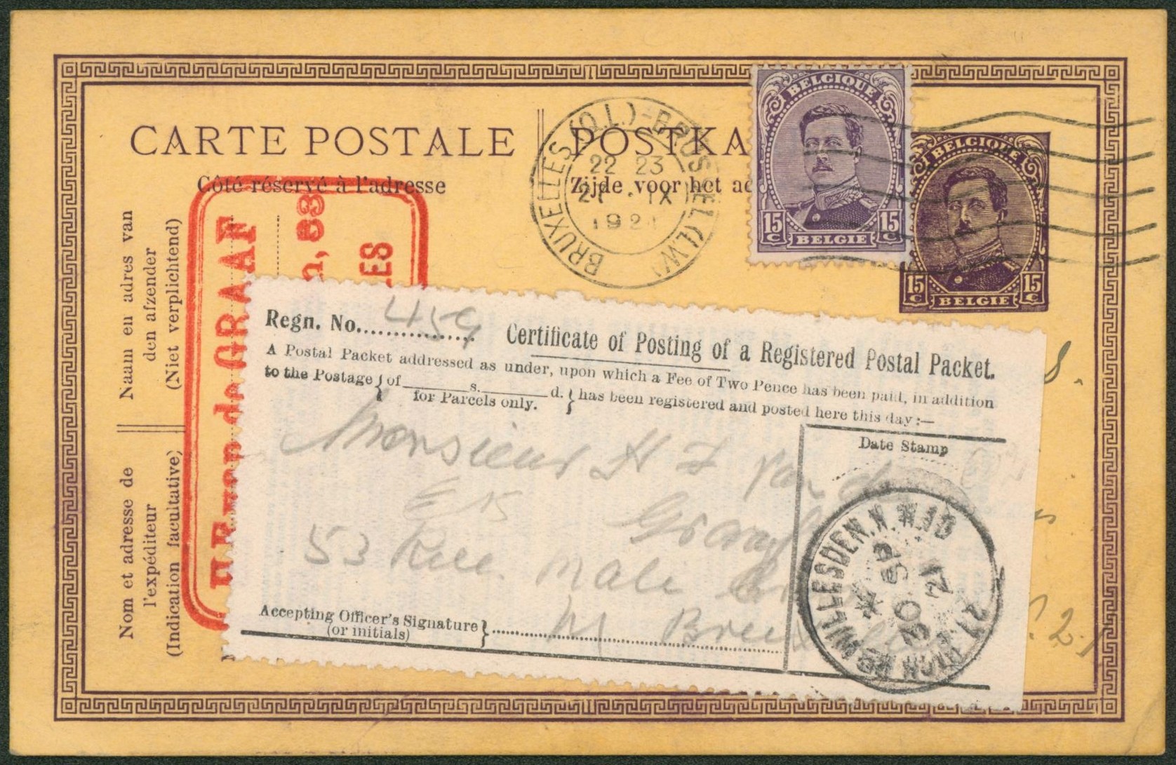 EP au type 15ctm lilas + n°139 expédié de Bruxelles > London + papilon de recommandé "Certificate of posting of a registred postal packet""