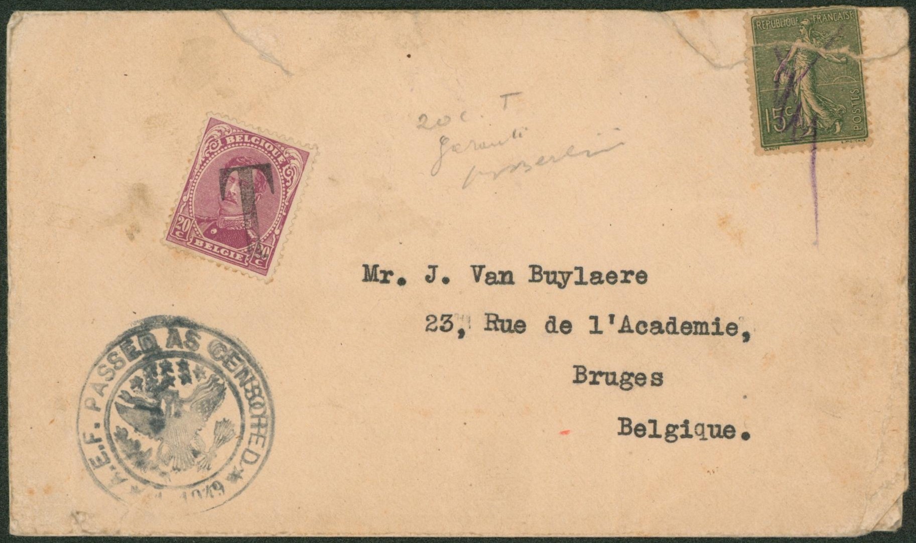 Semeuse - 15ctm déchiré sur lettre annulé à la craie + cachet de censure spécial > Bruges + TX20