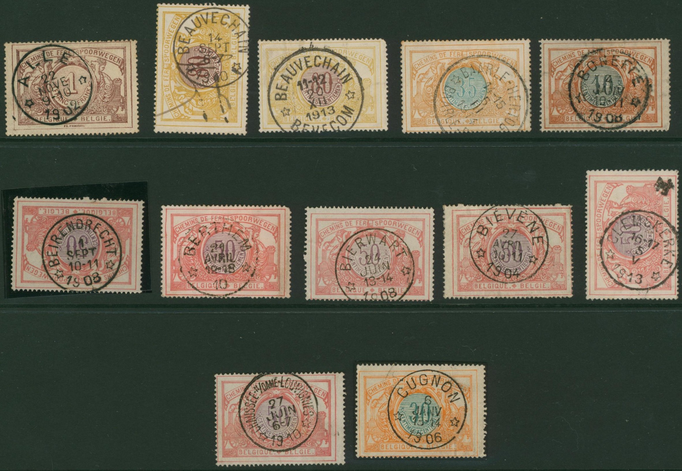 Chemin de fer (bilingue, chiffre bicolore) - sélection de 12 oblitérations relais sur valeurs faciales diverses. Lettre A > C