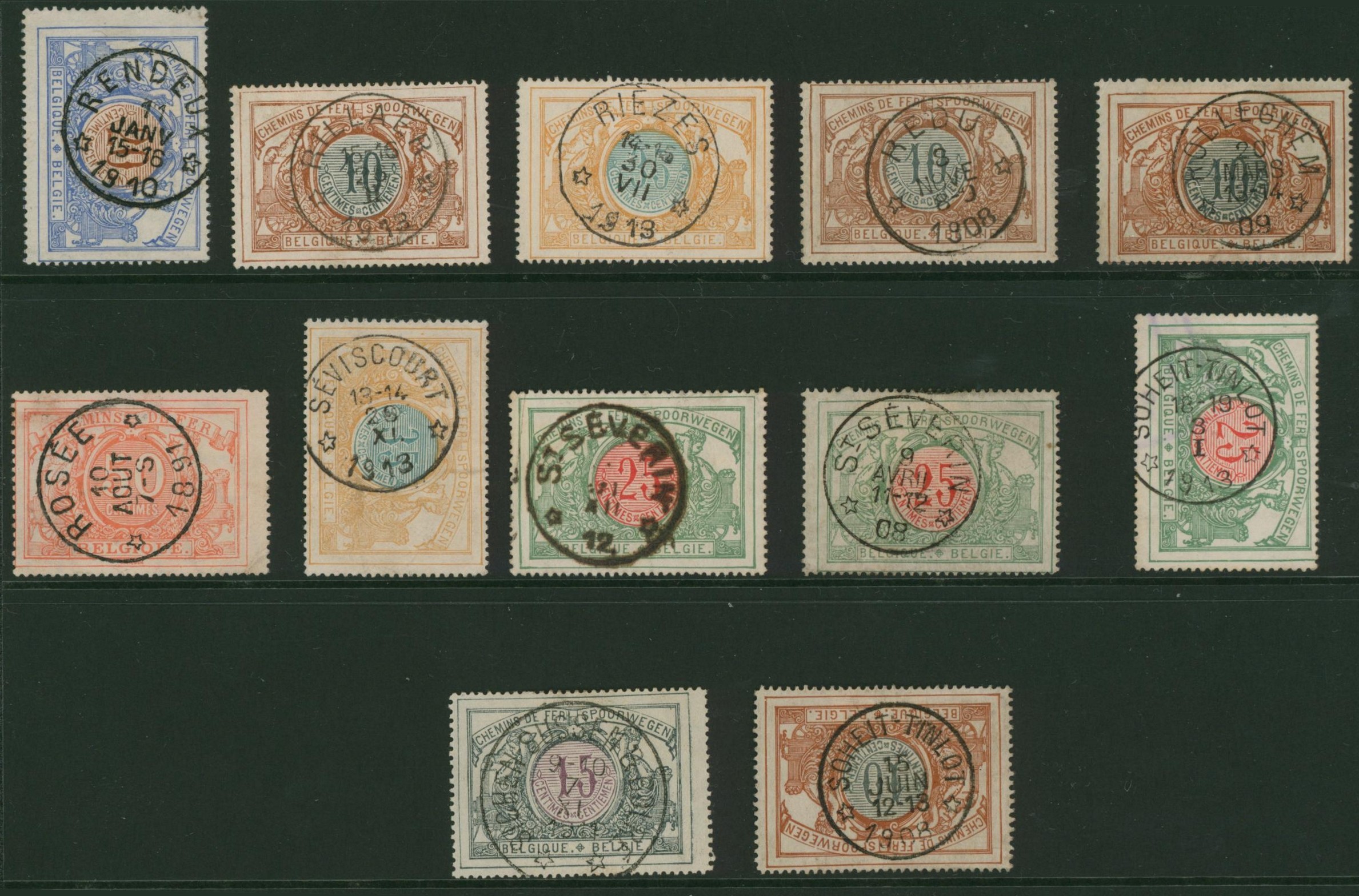 Chemin de fer (bilingue, chiffre bicolore) - sélection de 12 oblitérations relais sur valeurs faciales diverses. Lettre R > S