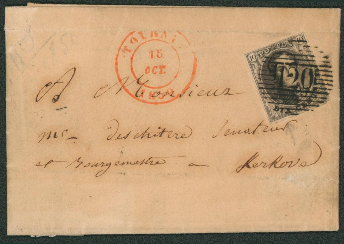 n°3 bien margé sur LAC (Curiosité : retouche et trait de burin coin inférieur gauche) obl P 120 çàd Tournai > Avelghem. TB 