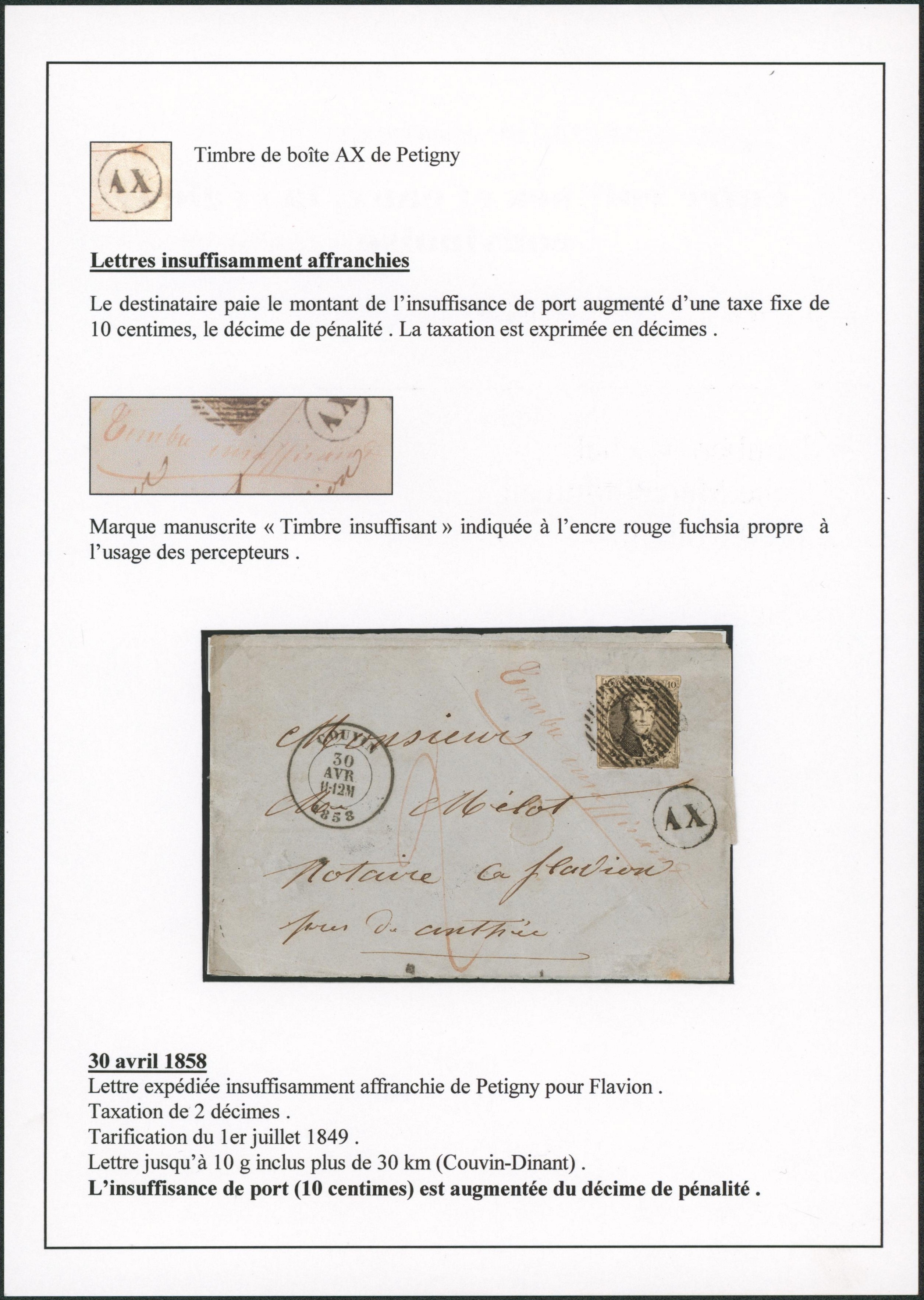 n°10A touché sur LAC obl P30 çàd Couvin + boite rurale "AX" (Petigny), lettre insuffisament afffranchie çàd marque manuscrite "timbre insuffisant", taxation de 2 décimes > Anthée. TB "