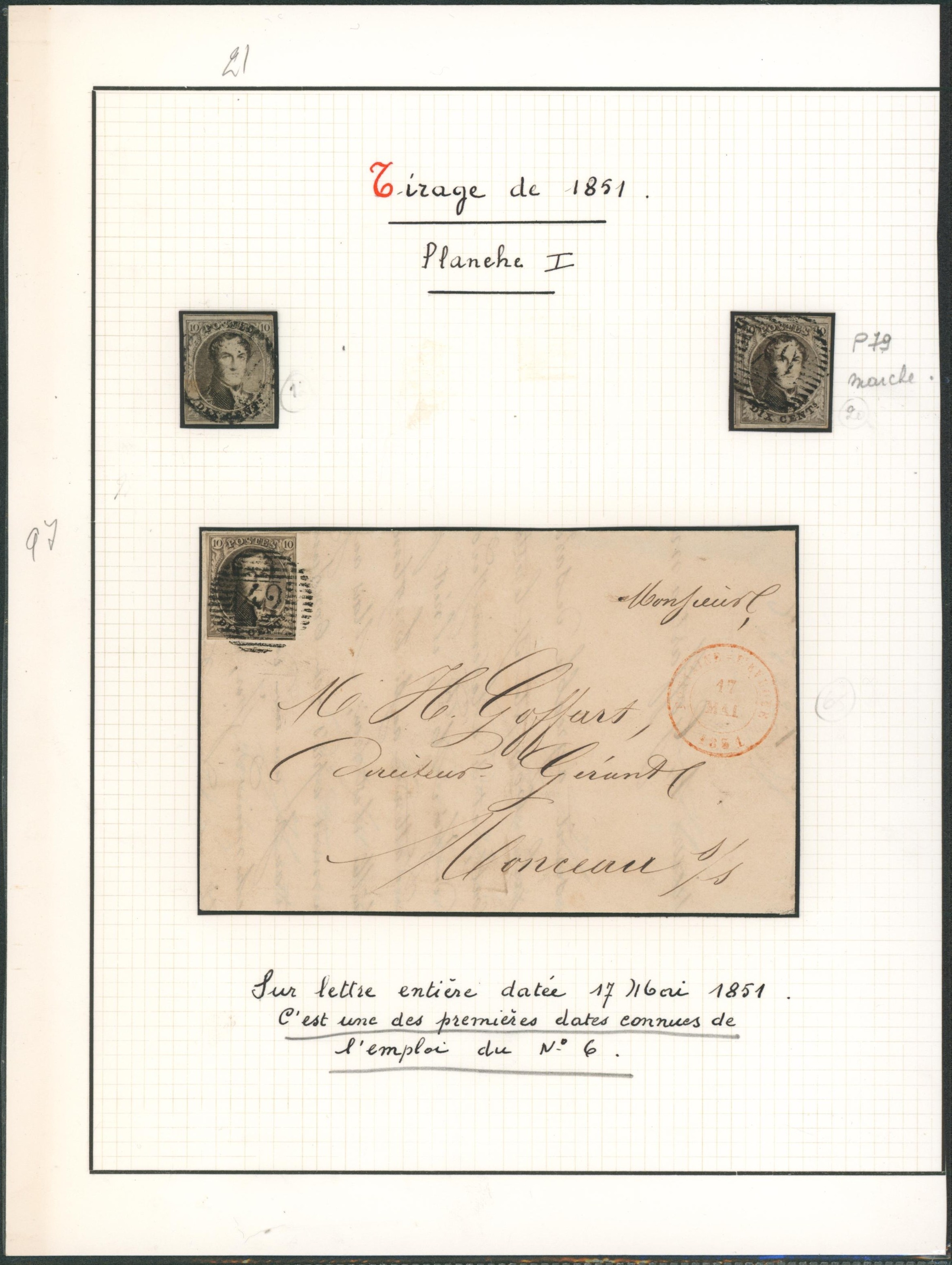 Page de collection - n°6 planche I çàd 2 timbres + une lettre de Fontaine-l'évêque 17/05 (dans les premières dates connues d'utilisation) > Monceau. 