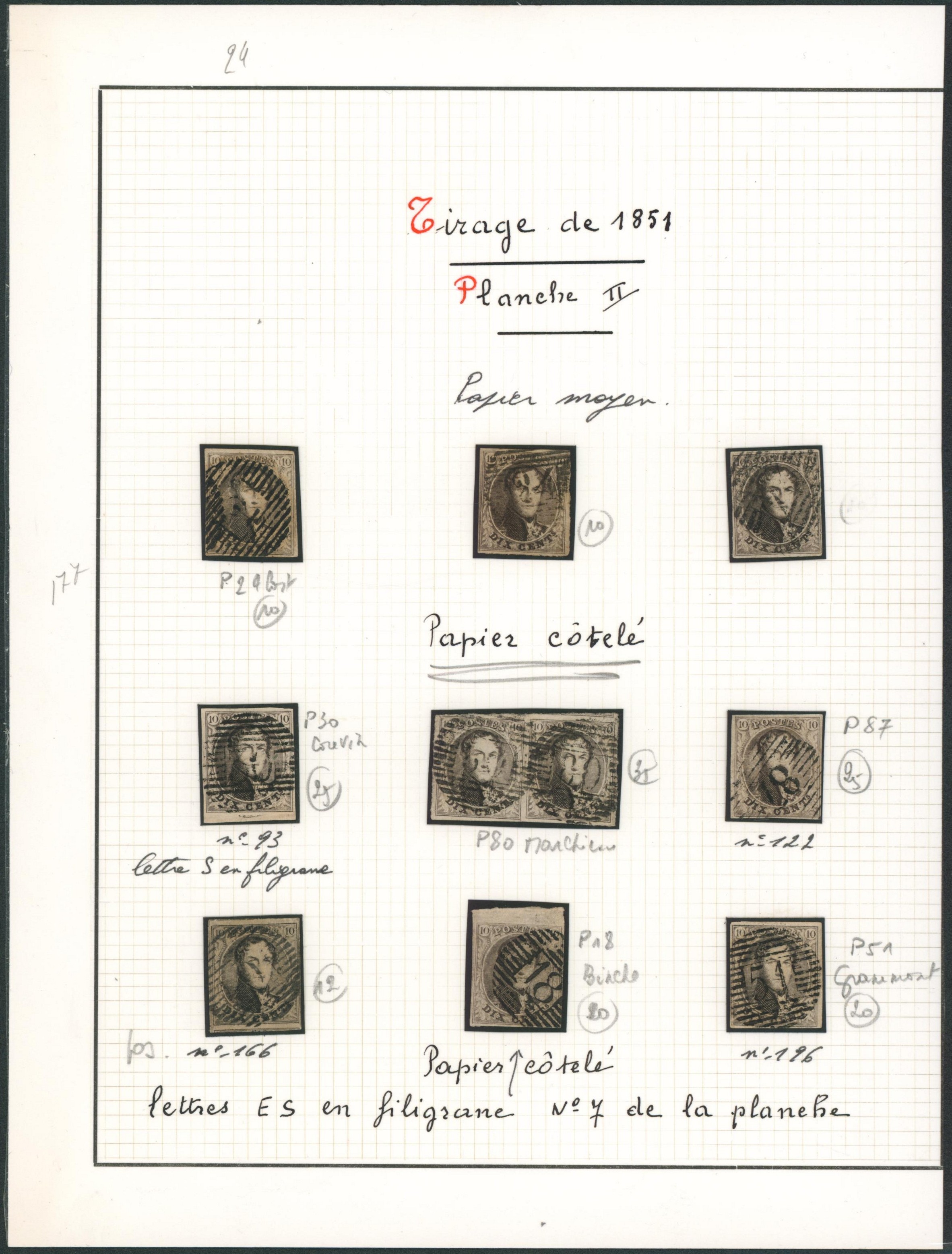 Page de collection - n°6 planche II çàd 9 timbres margés dont une paire, étude du type de papier (Moyen, côtelé) dont une paire et une lettre "S" en filigrane. "