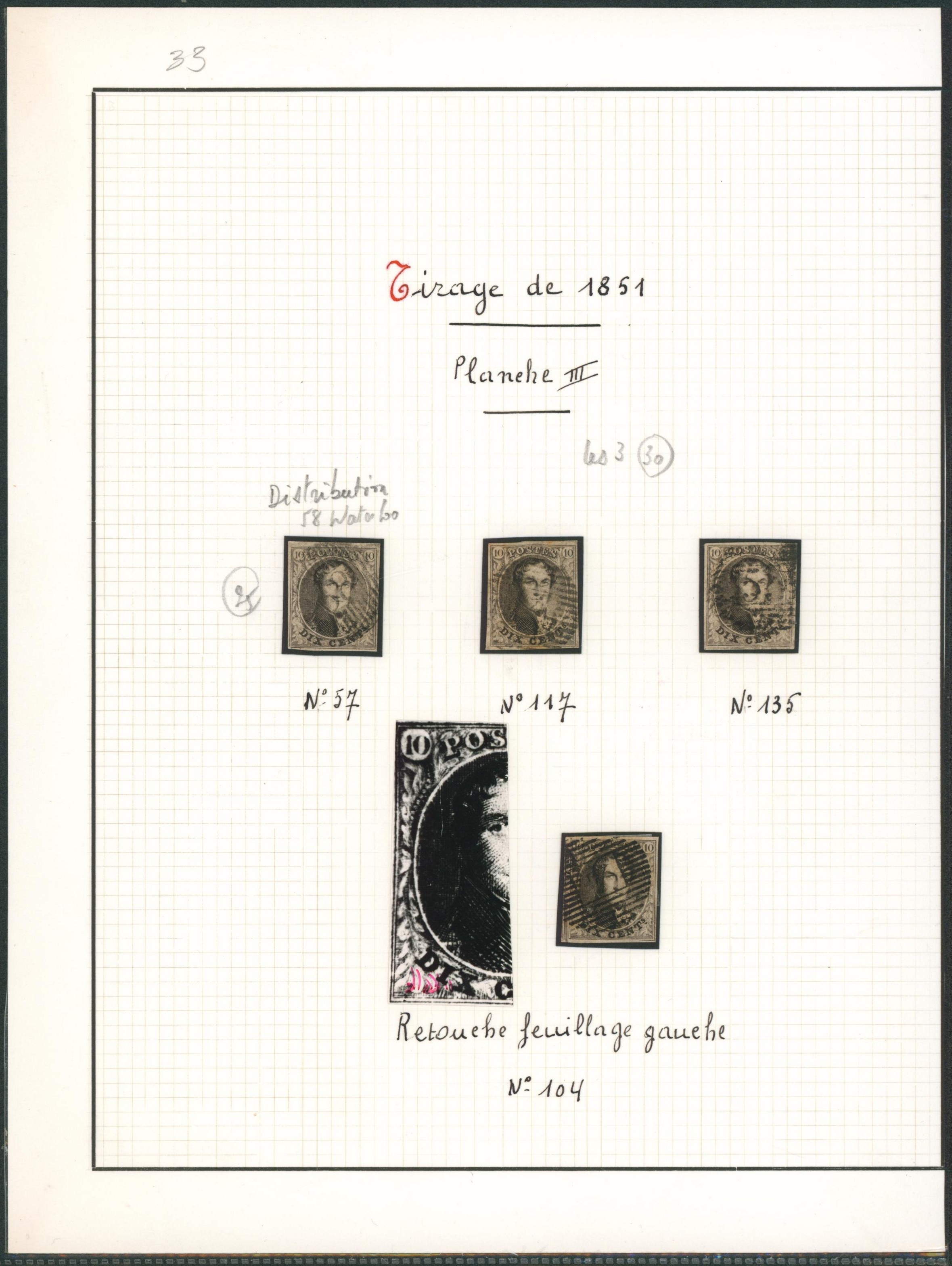 Page de collection - n°6 planche III ensemble de 4 timbres margés dont 3 plancheanchés et un avec retouche du feuillage gauche. 