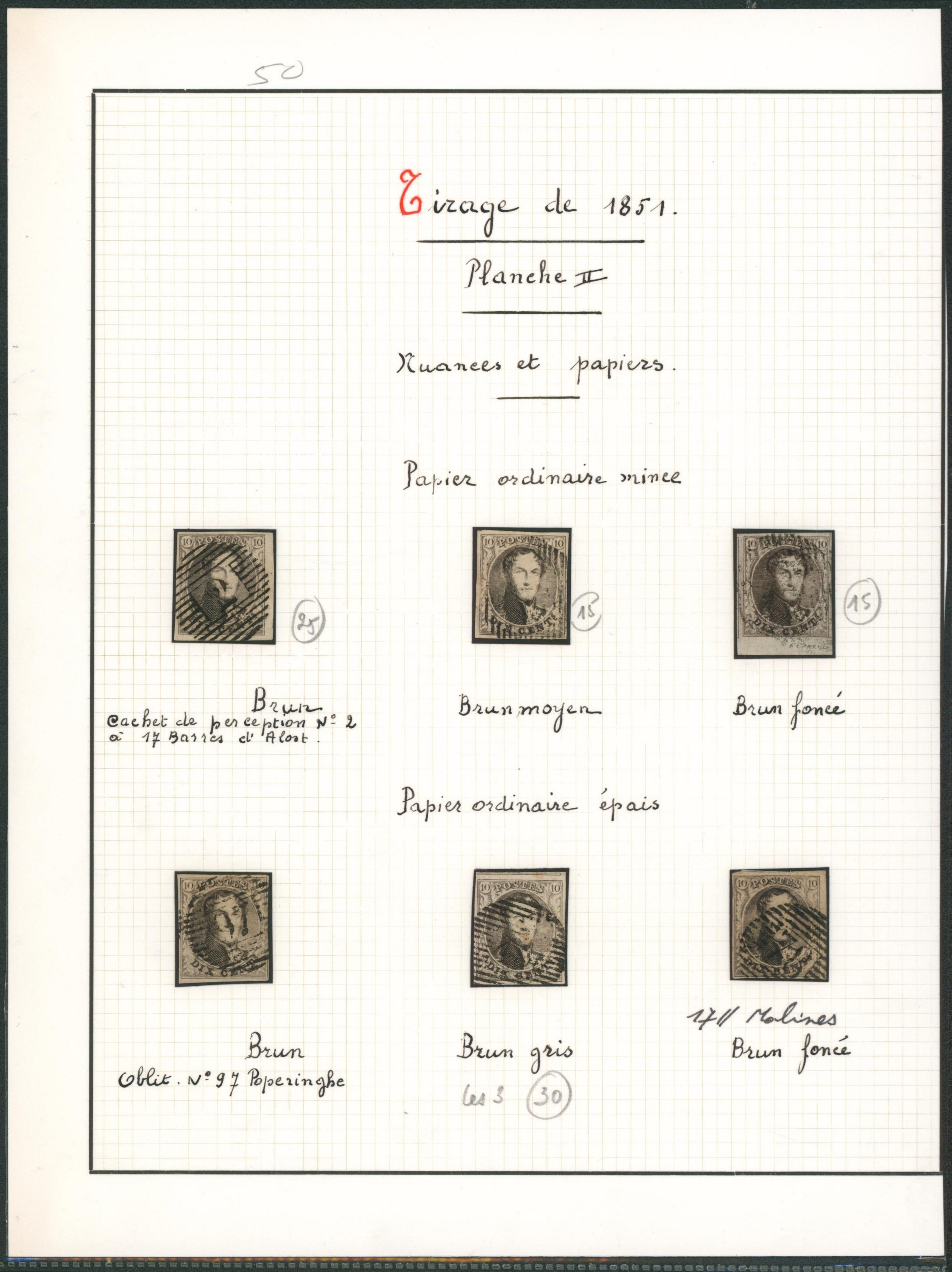 Page de collection - n°6 planche II ensemble de 6 timbres margés, nuance sur papier ordinaire mince et épais. Oblitéré, TB.