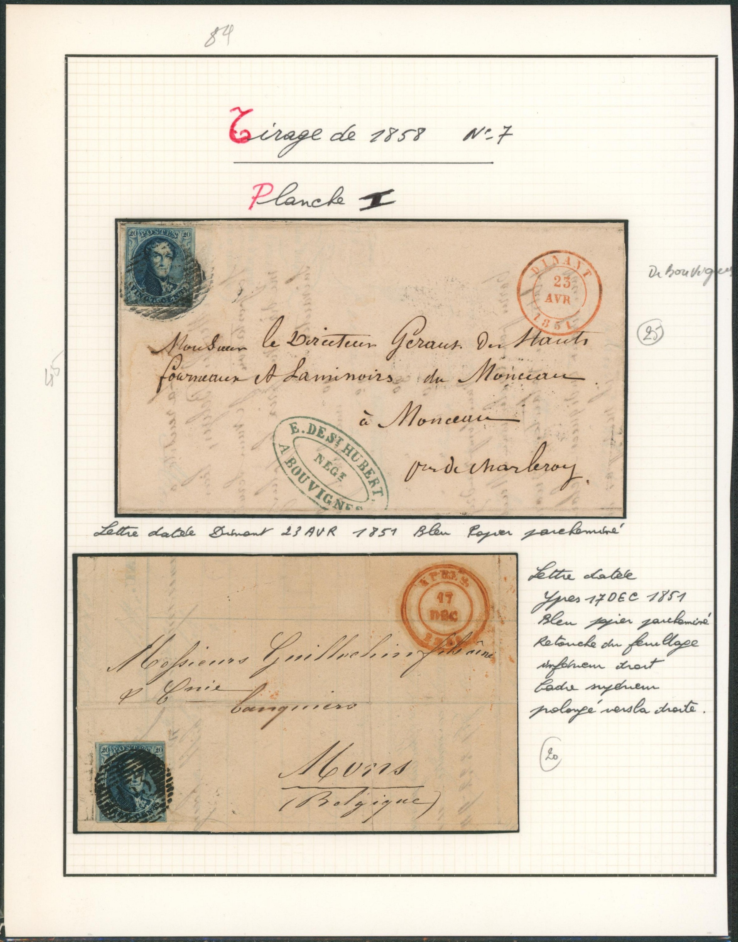 Page de collection - n°7 (tirage de 1858) planche I ensemble de deux lettres de Dinant (Bouvignes) et Ypres > Monceau & Mons
