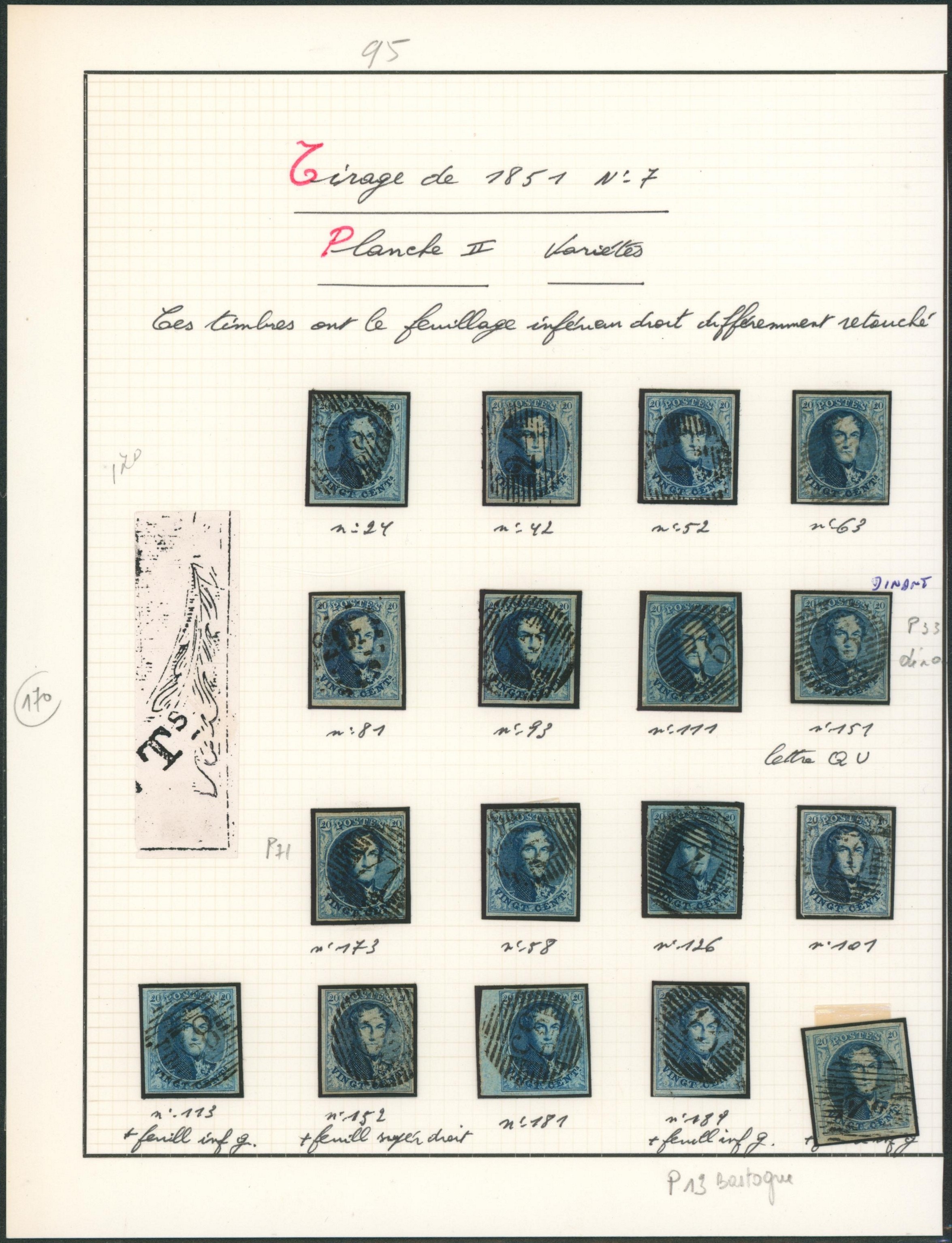 Page de collection - n°7  planche II x17 timbres margés oblitéré. Planchage, variétés. 