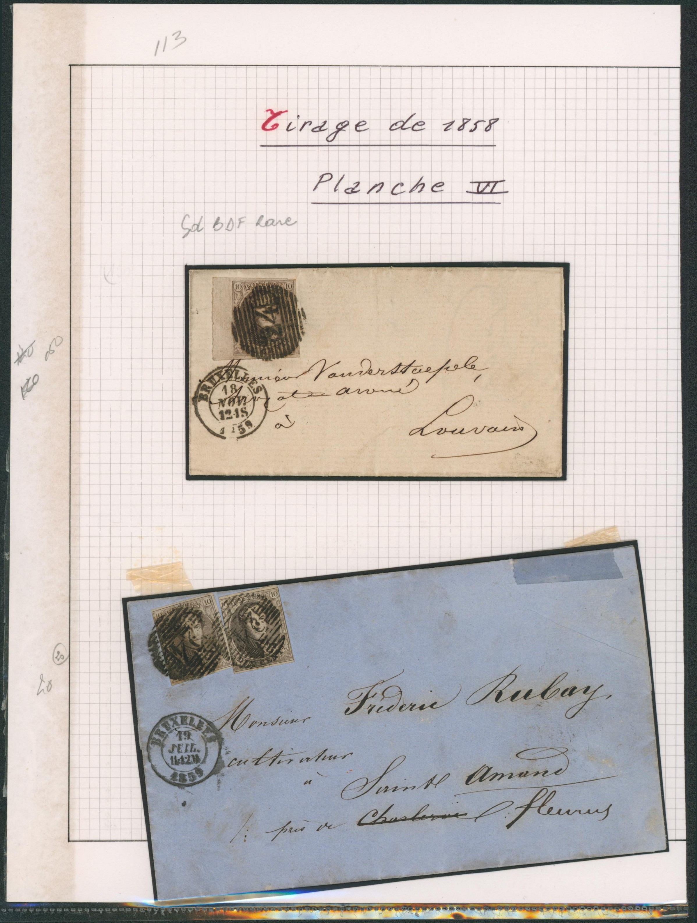 Page de collection - n°10A planche VI sur deux lettres (port simple et port double) de Bruxelles > Louvain et Charleroi redirigé fleurus. 