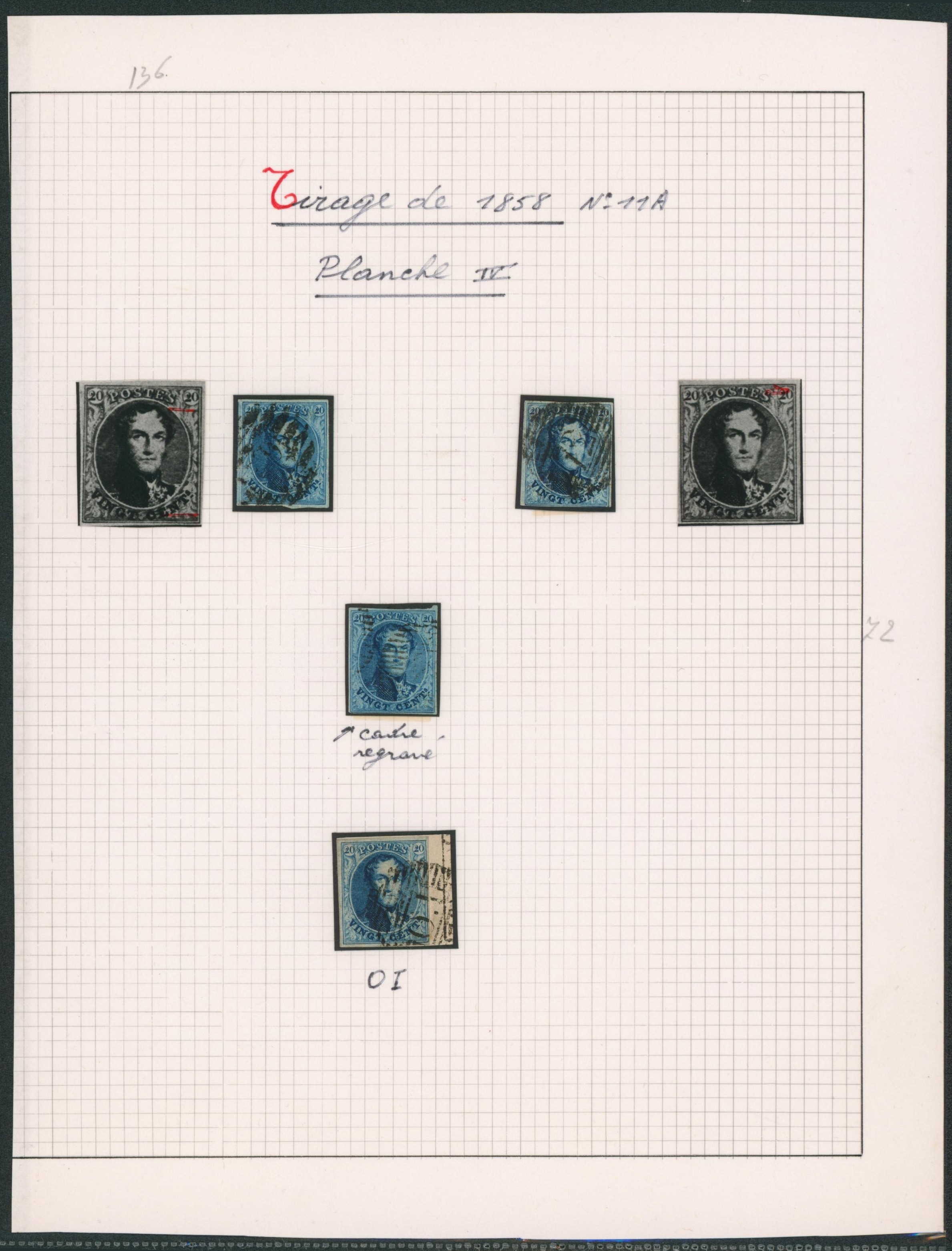 Page de collection - n°11A planche IV x4 exemplaires margés, variété. 