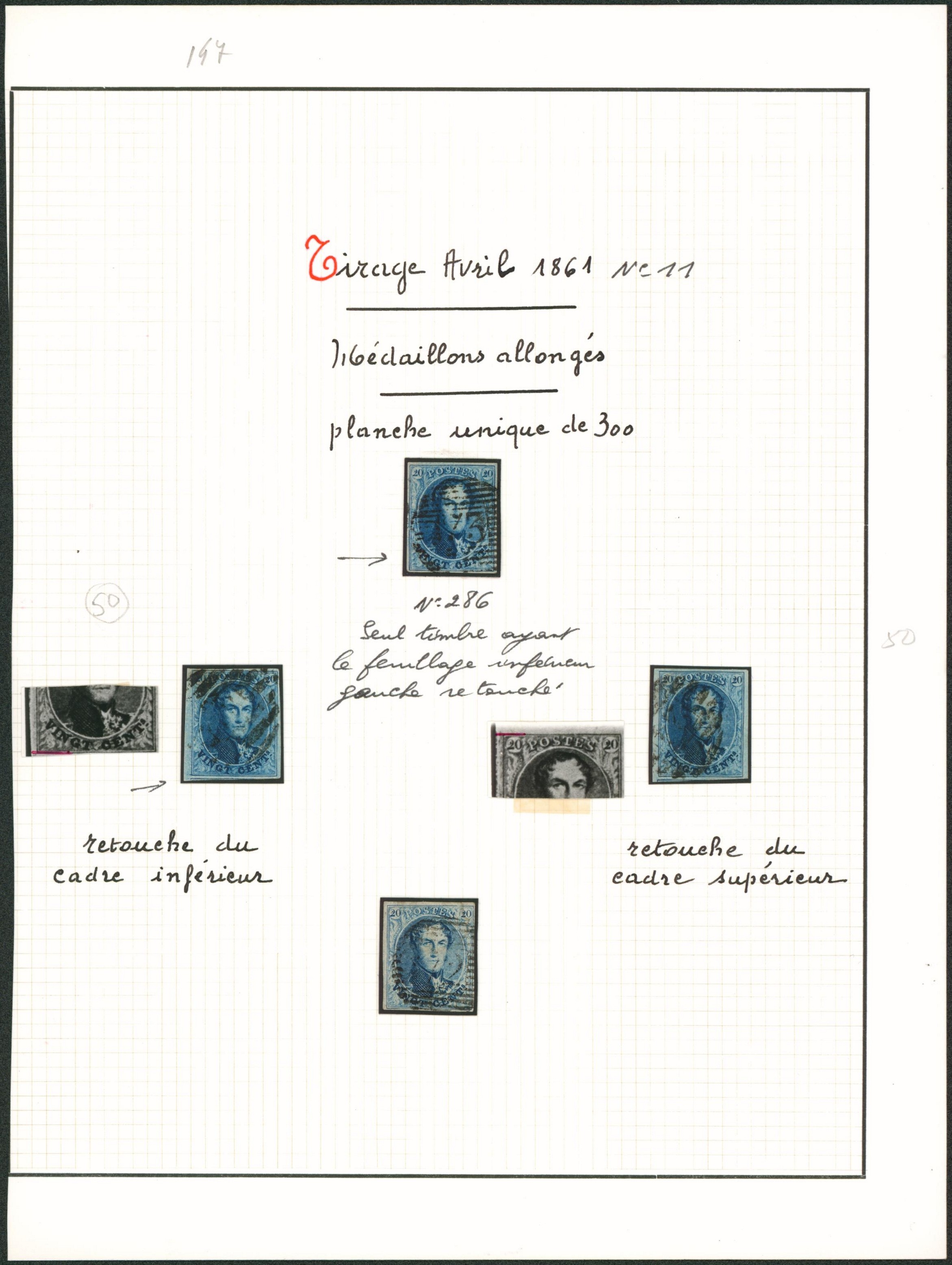 Page de collection - n°11 planche unique de 300, ensemble de 4 timbres margés. Variétés. 