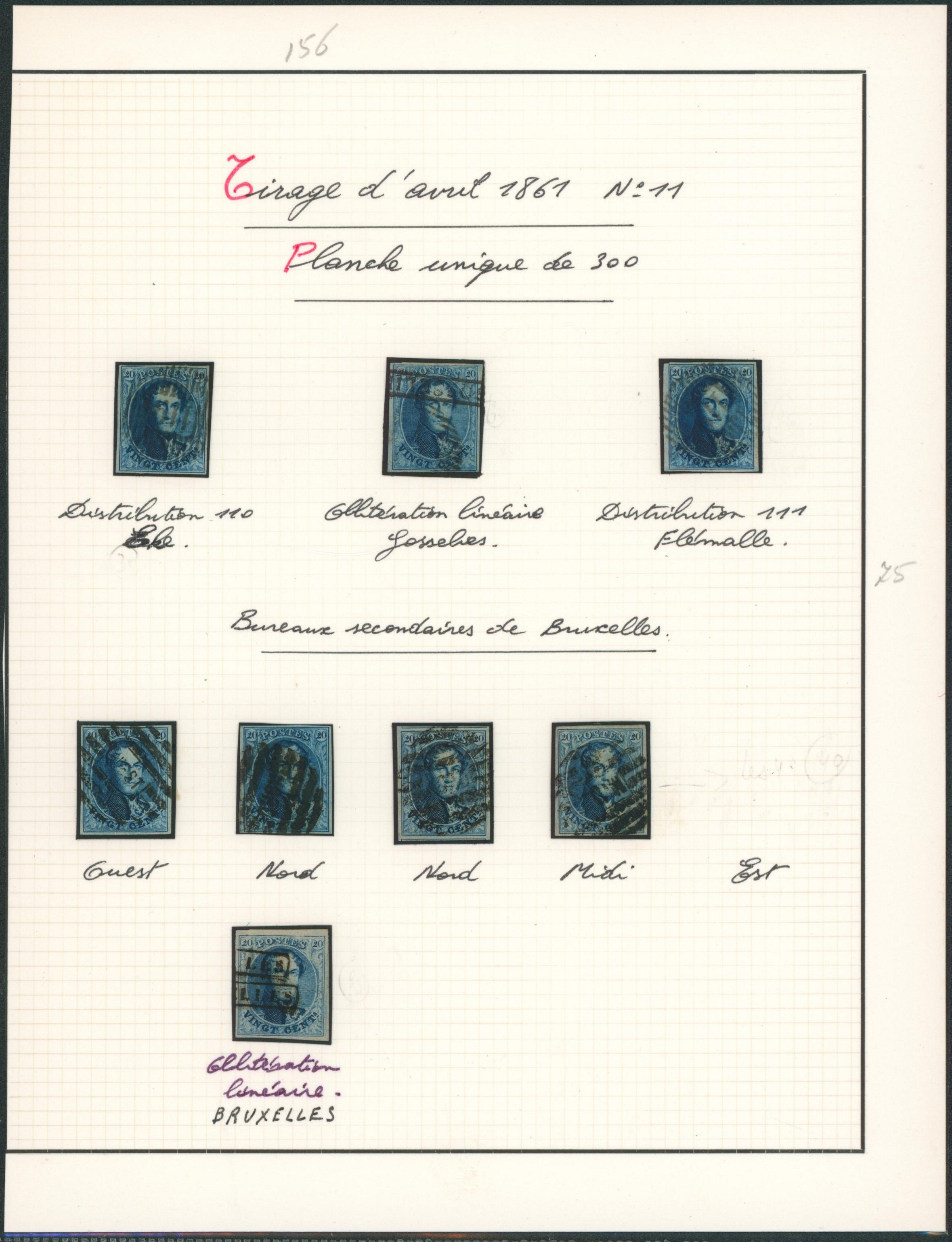 Page de collection - n°11 planche unique de 300, ensemble de 8 timbres margés. Distribution, annulation par griffe encadrée (Gosselies, Bruxelles), bureau secondaire de Bruxelles. 