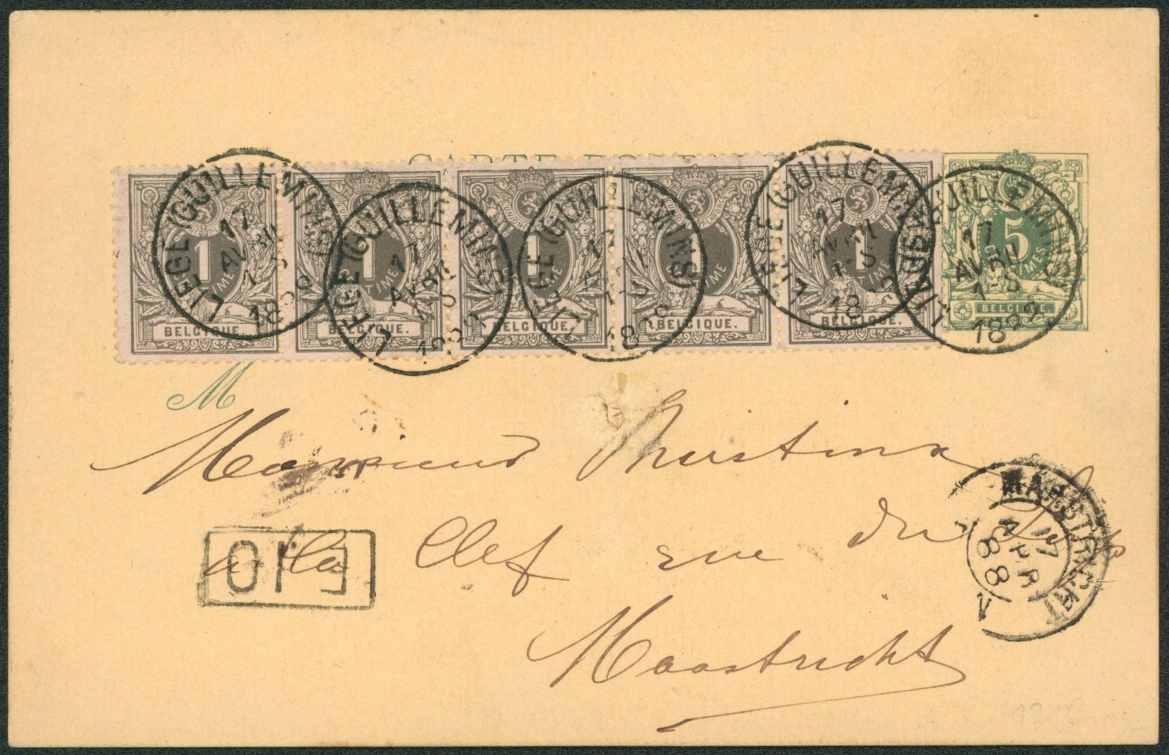 Ep au type 5ctm vert + n°43 en bande de 5 obl S.C. "Liège (guillemins)" > Maestricht (Hollande) / réparé. "