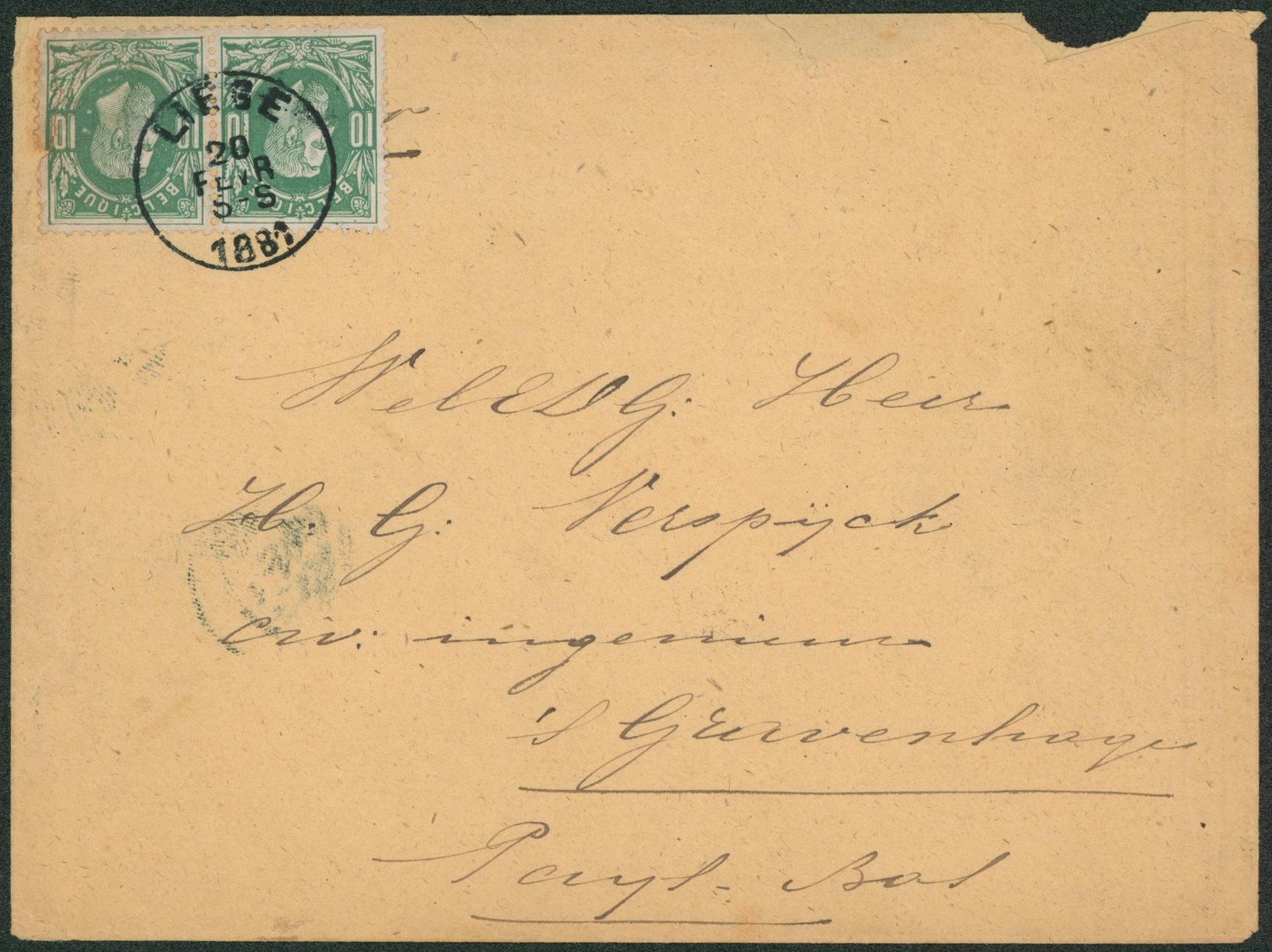 n°30 en paire sur lettre obl simple cercle "Liège" à cheval > 'S Gravenhage (Pays-Bas) / Tarif frontalier. "