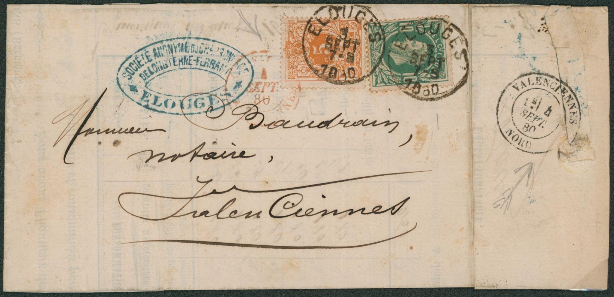 n°28 et 30 sur LAC obl simple cercle "Elouges" > Valenciennes. Tarif frontalier à 15ctm ! "