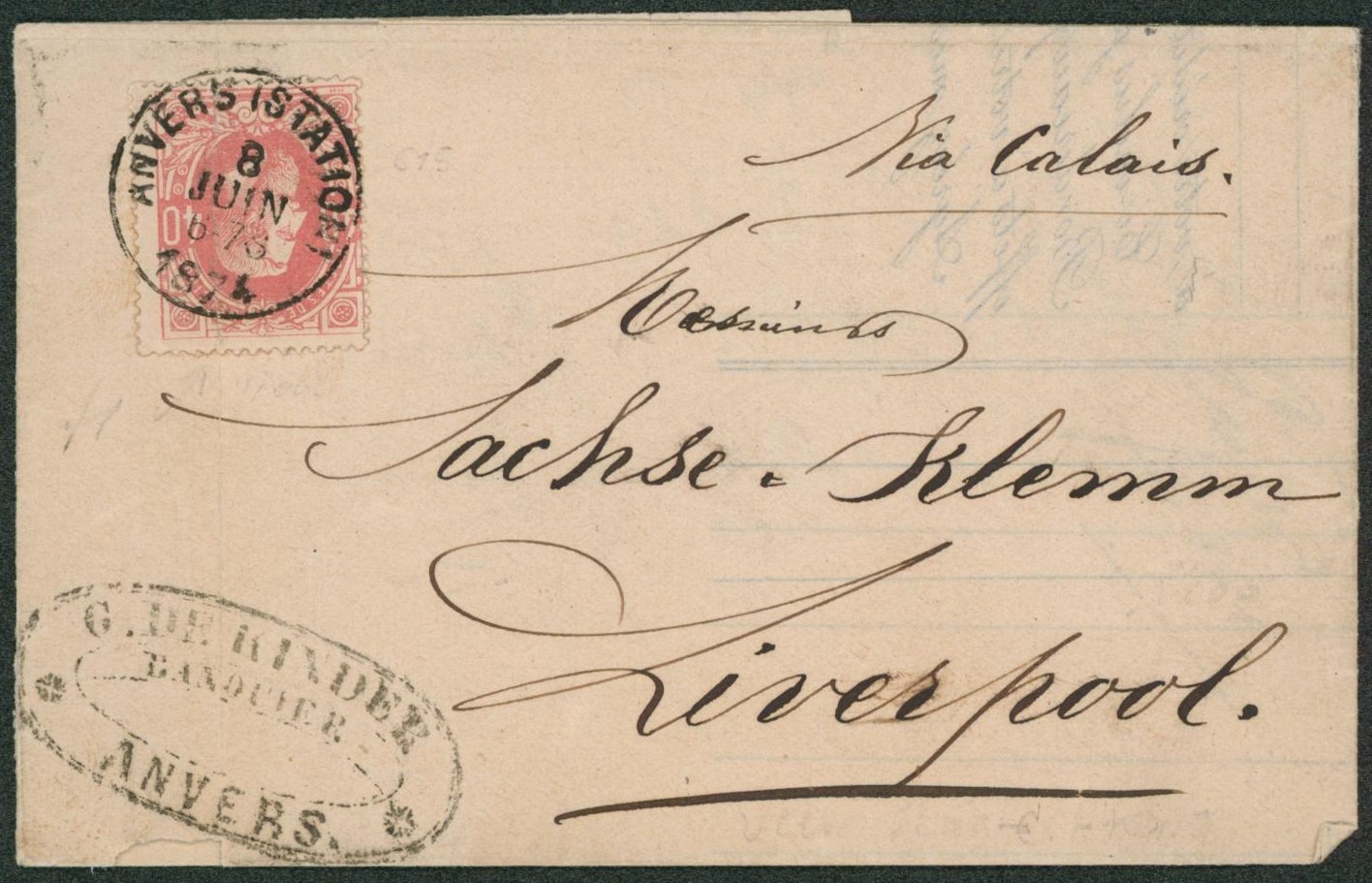 n°34 sur LAC obl simple cercle (DU) "Anvers (station) via Calais > Liverpool + passage "Angleterre / Midi I""