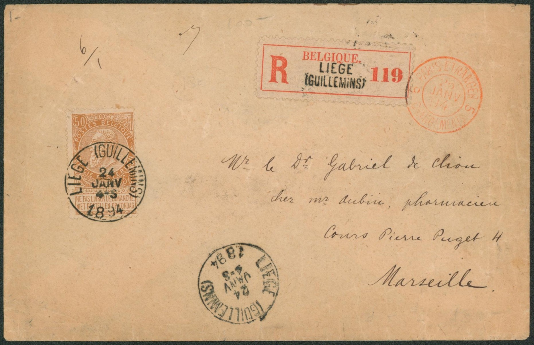 n°62 seul sur lettre en recommandé de Liège (guillemins) > Marseille (France) + passage type DC rouge "Paris-étranger 5""