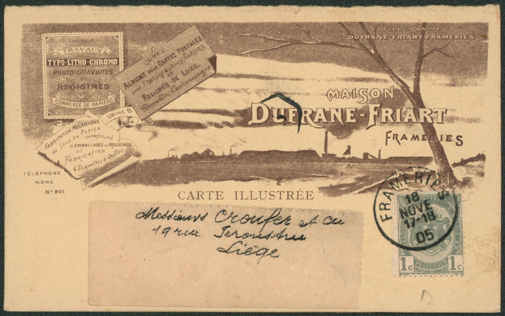 n°53 sur CP publicitaire "Maison dufrane-friart" (VII. BORINAGE) de Frameries > Liège. TB "