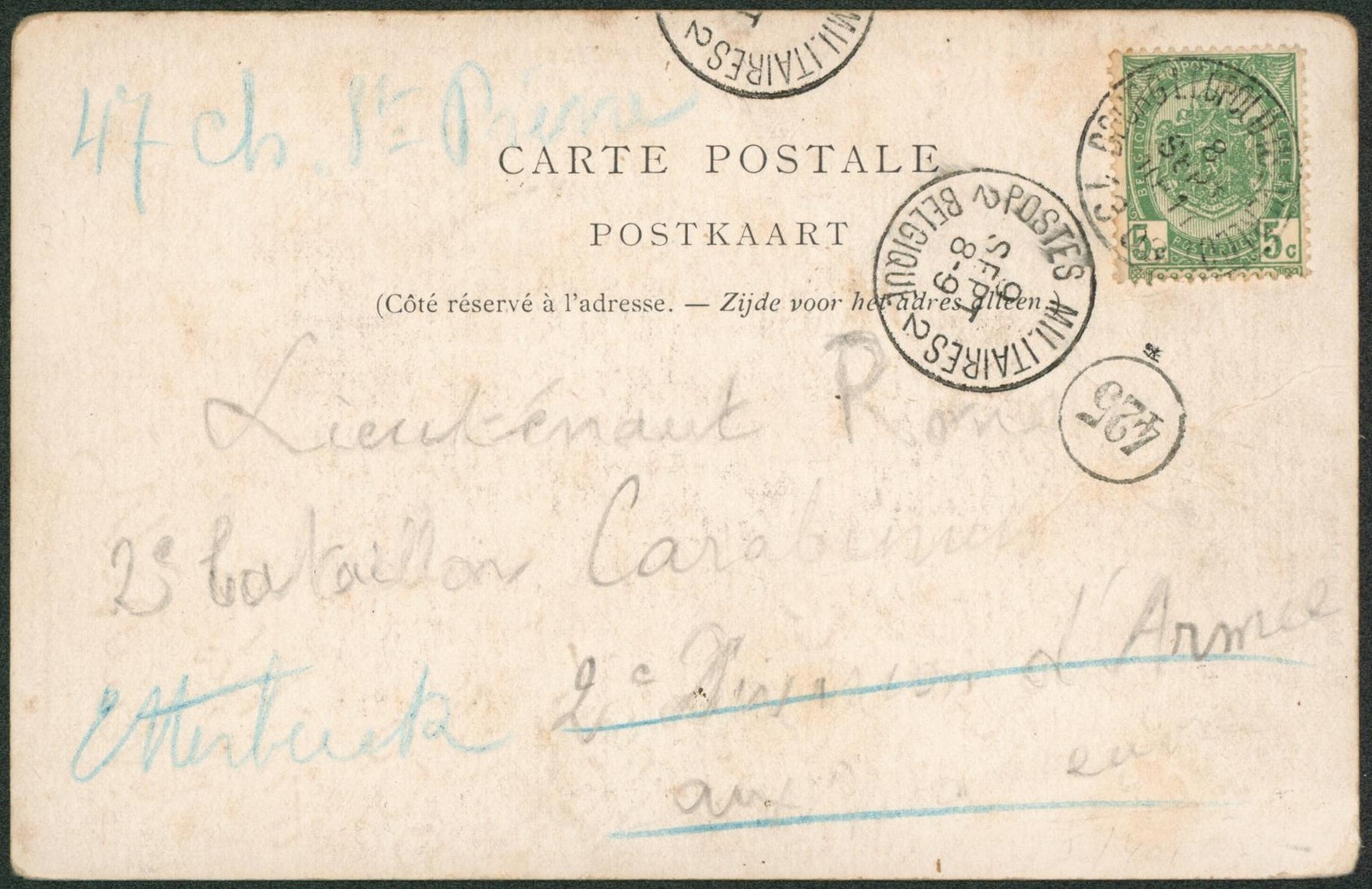 n°56 sur CP expédiée de Bourg-Léopold > 2e bataillon carabinier çàd obl Postes militiares 2 / Belgique. Suivi Etterbeek. 