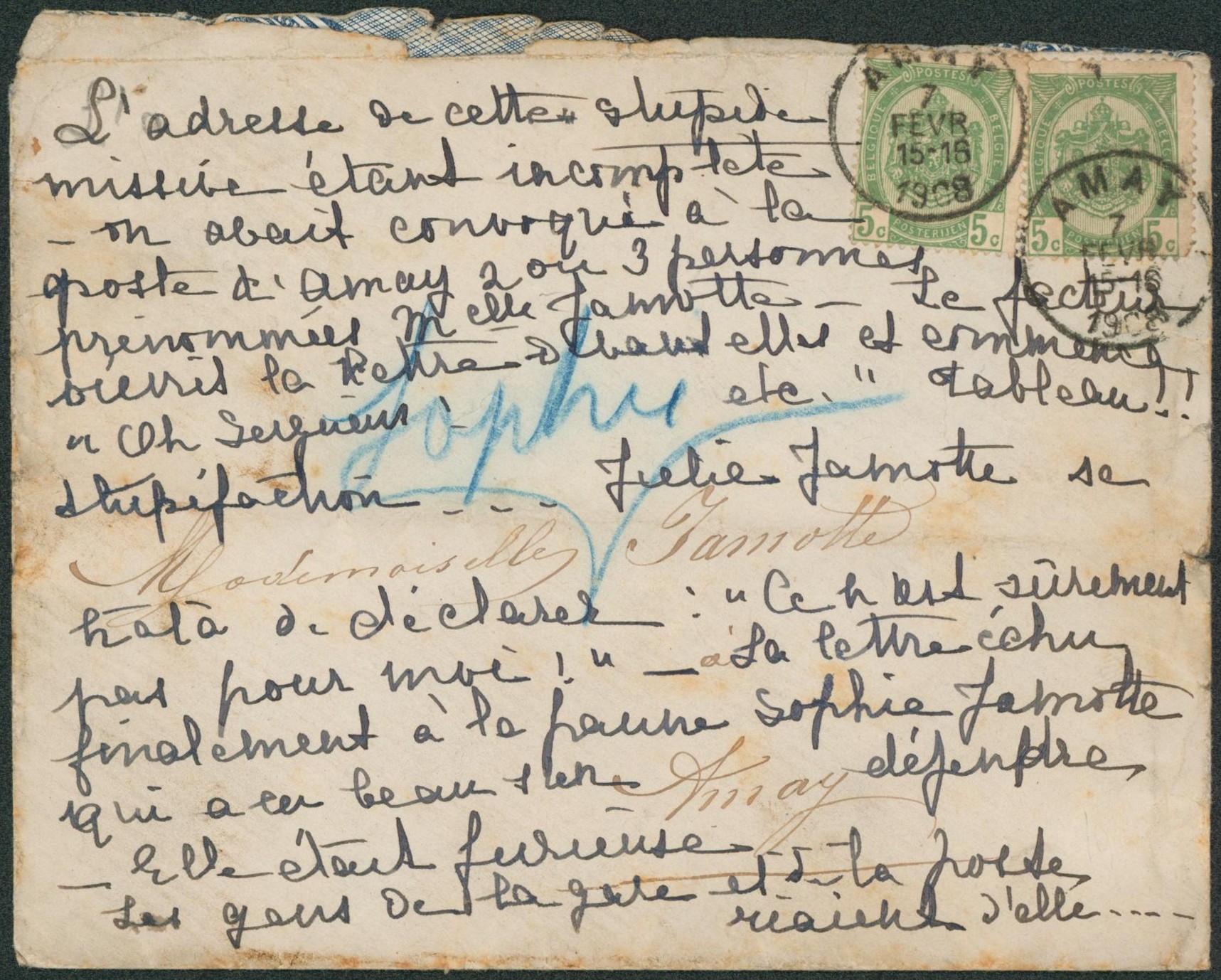 n°56 x2 sur lettre expédiée de Amay > Amay + grande annotation sur toute la lettre du facteur "l'adresse de cette stupide missive était incomplète?" Peu courant "