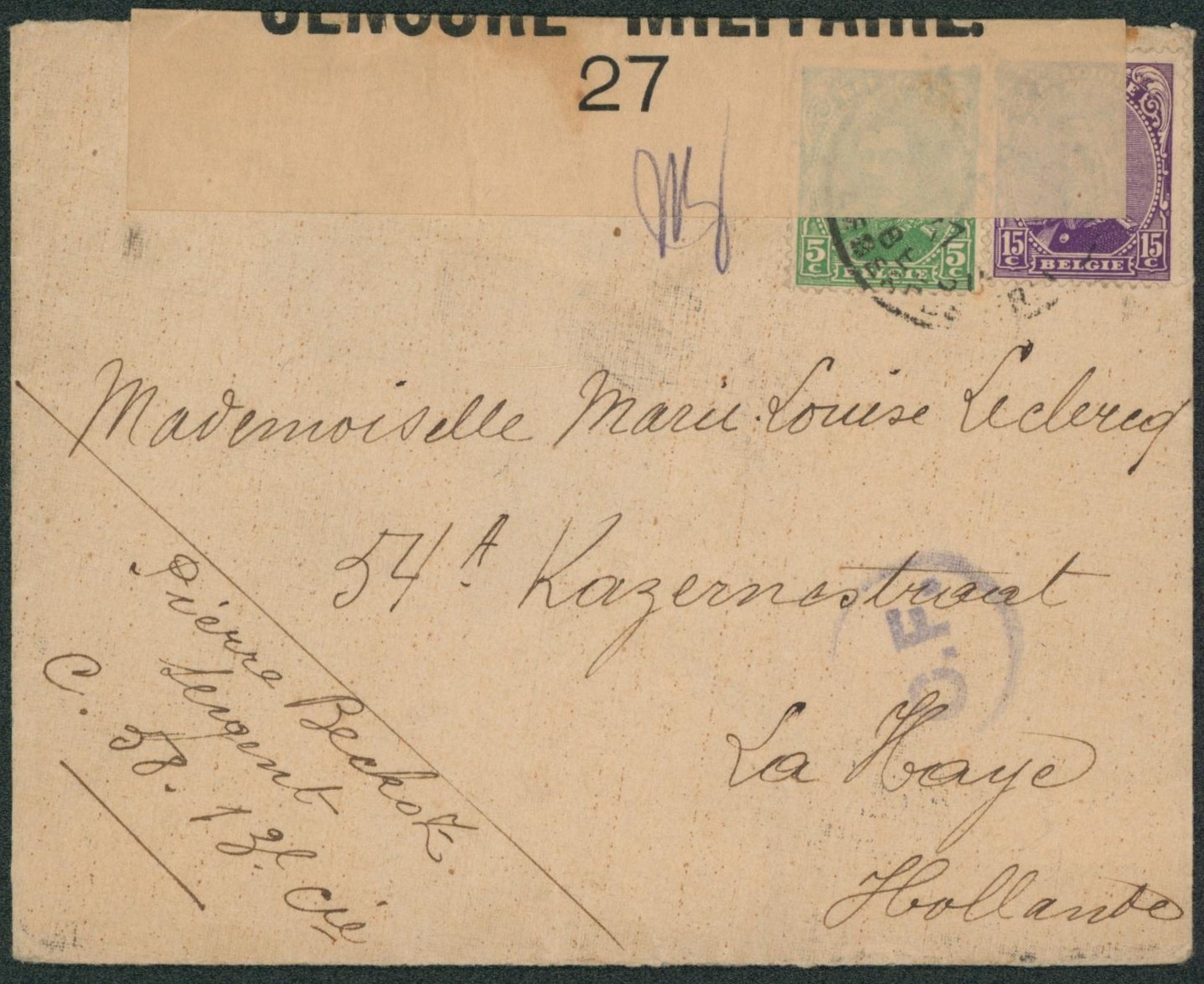 n°137 et 139 sur lettre obl P.M.B. + Bandelette de censure "27" et censure CF > La Haye. "