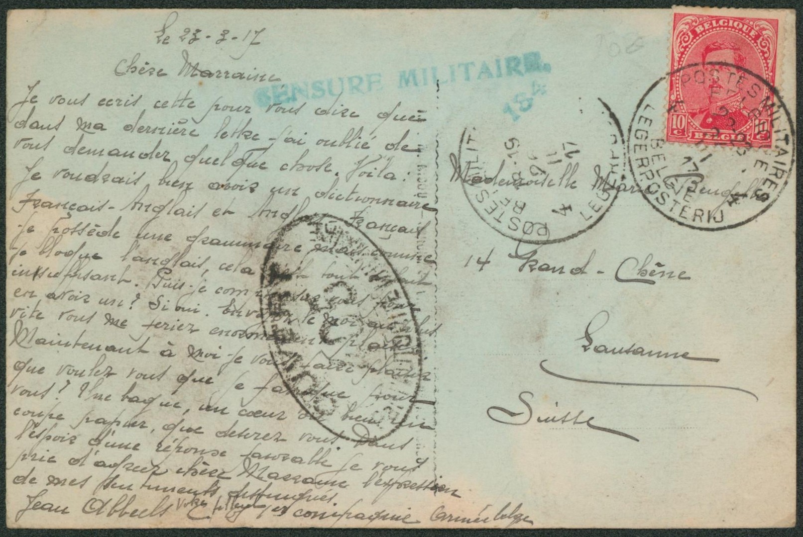 n°138 sur CP obl P.M.B. 4 + censure militaire (verte) > Lausanne (Suisse). 