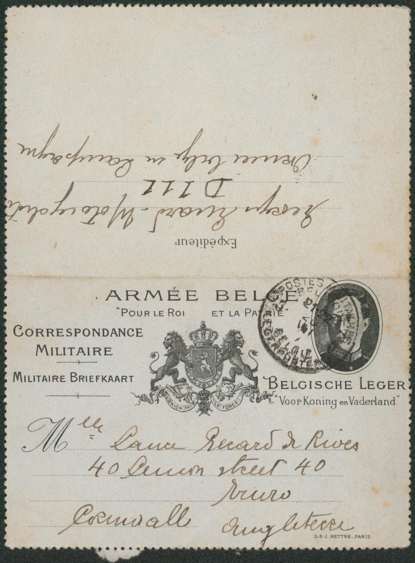 Guerre 14-18 - Carte correspondance militaire effigie Albert I obl P.M.B. > Cornwall (Angletterre) / Texte