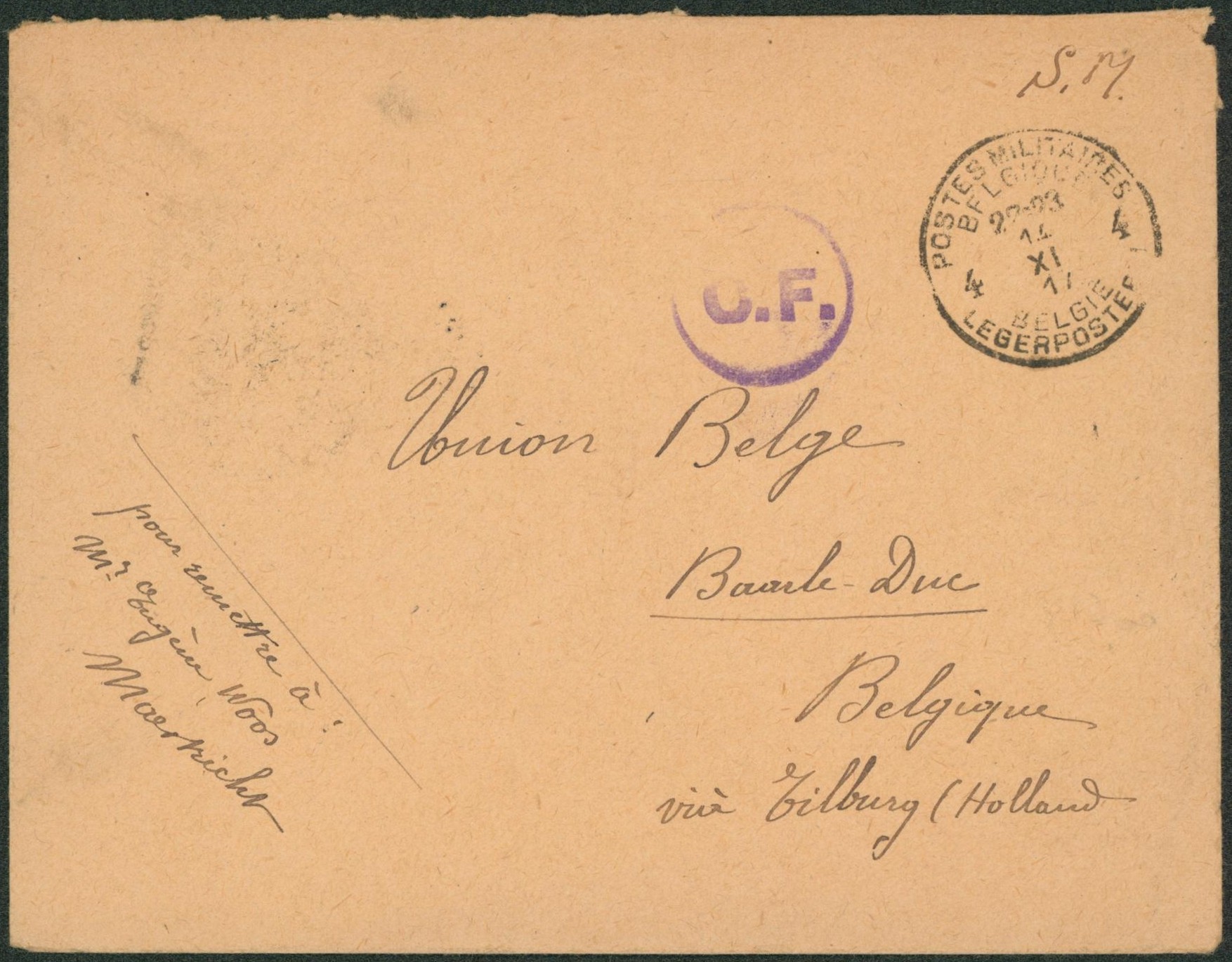 Lettre en S.M. obl P.M.B. 4 + censure CF > Baarle-duc pour remettre à Mme Woos Maestricht, poste clandestine. 