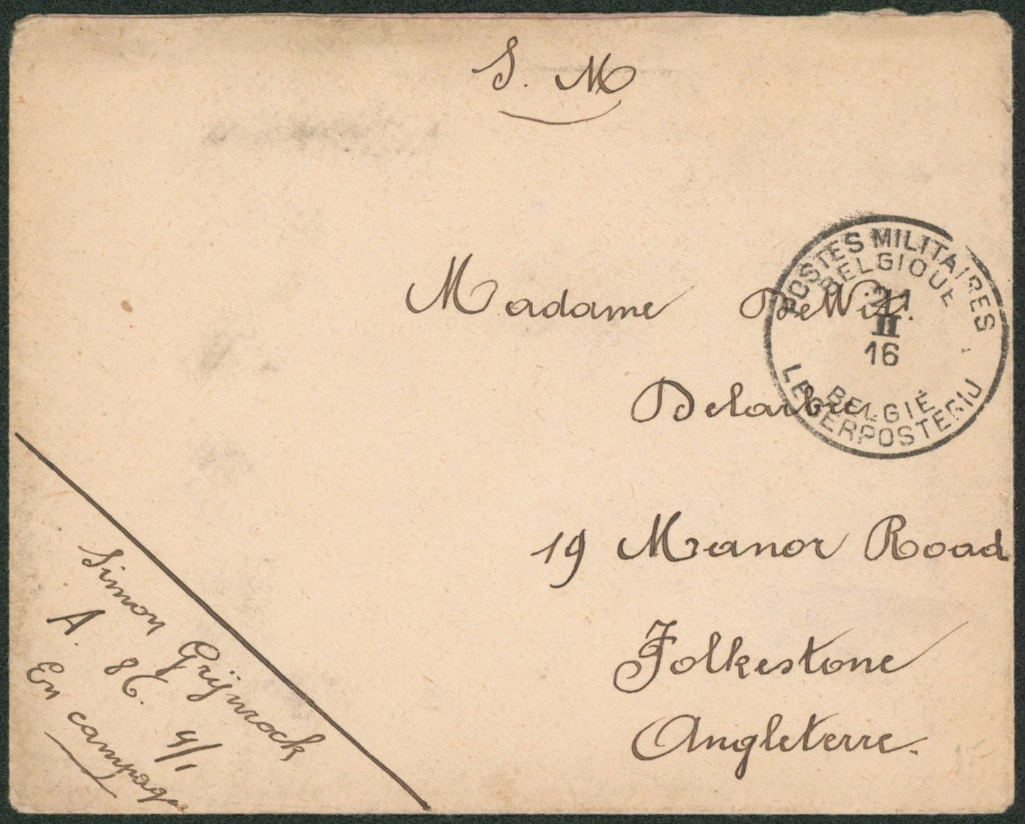 Lettre en S.M. obl P.M.B. (militaire en campagne) > Folkestone (angleterre). 