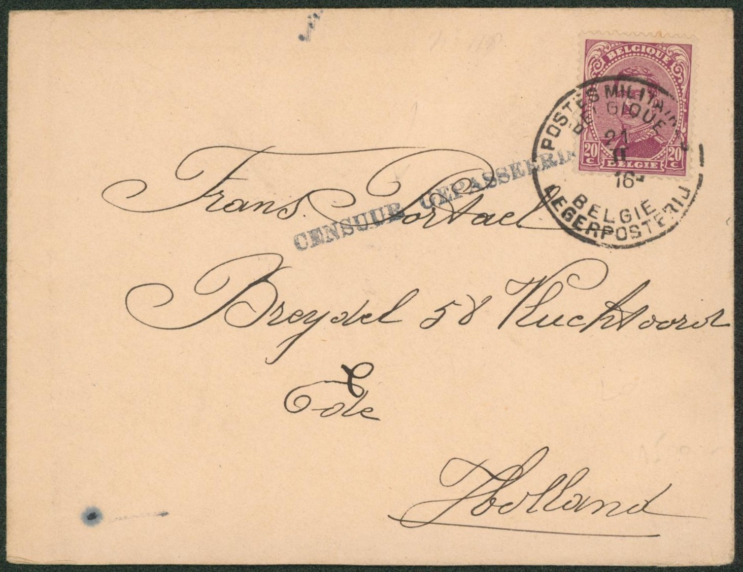 n°140 sur lettre + censuur gepasseerd > Hollande. 