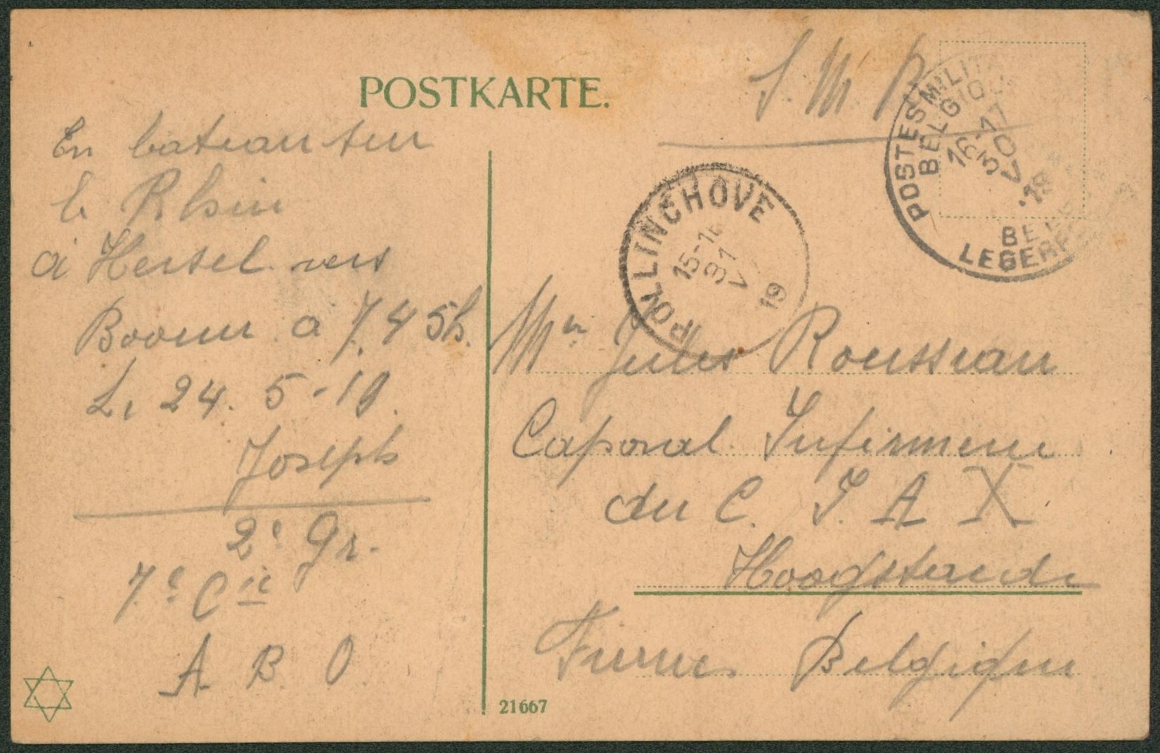 CP en SMB obl P.M.B. > Caporal infirmier d C.J.A.X. à Furnes + obl de fortune "Polinchove". "