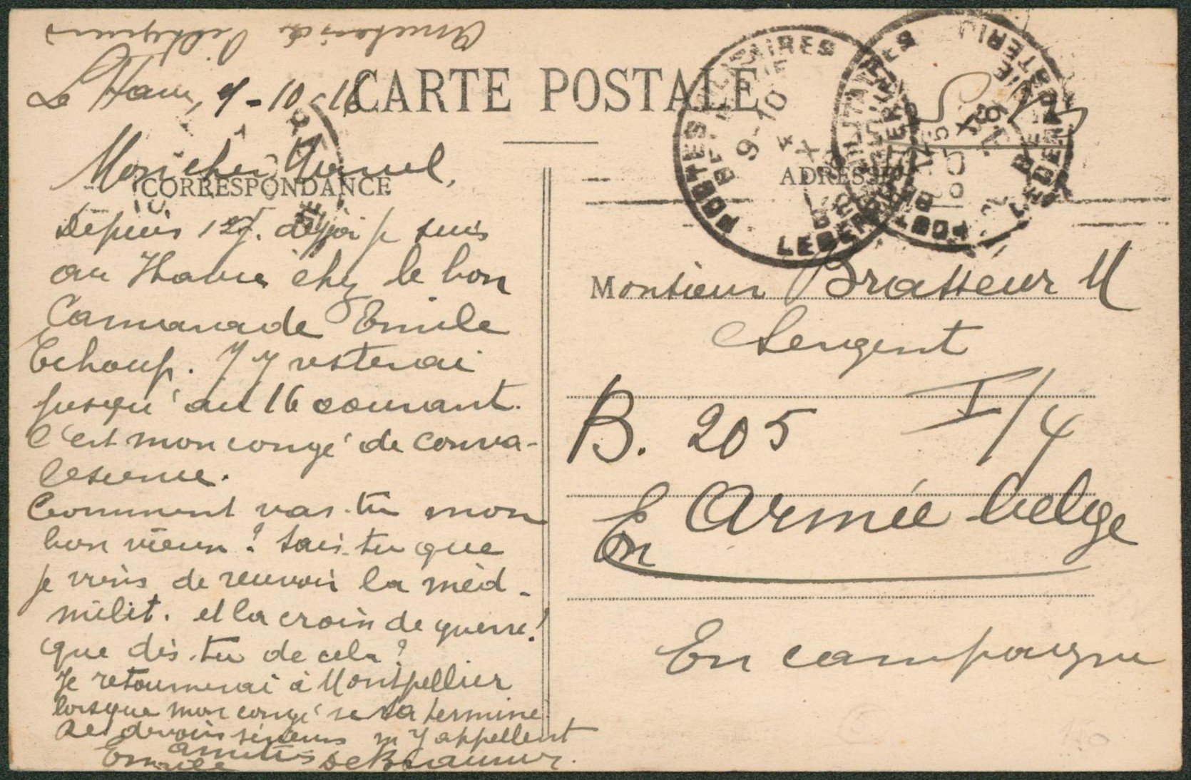 CP vue expédiée de S.M. obl P.M.B. > Armée begle (B. 205, Sergent)