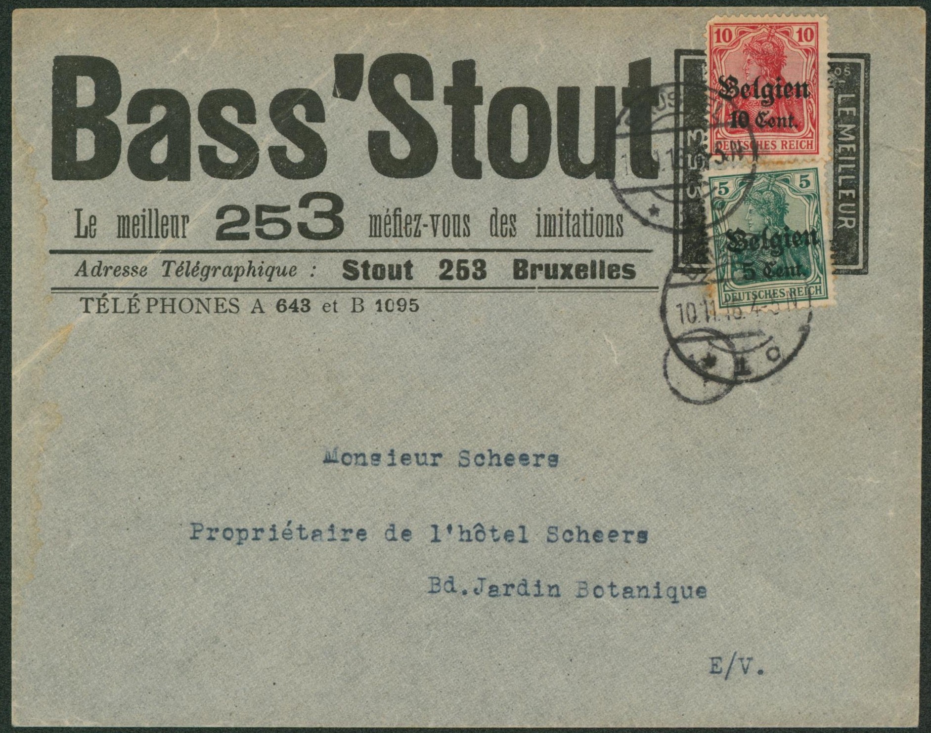 OC12 et 14 sur lettre à en-tête (Bass'stout, elixir patri, alcool, bière) expédié de Bruxelles > Bruxelles. 