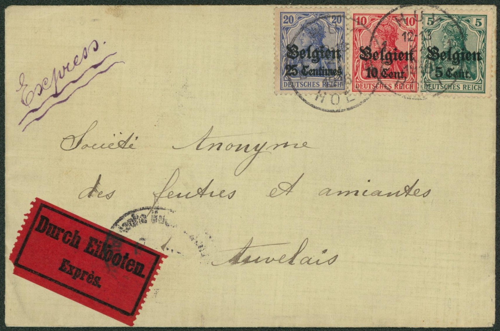 Occupation (germania) - Affranch. Tricolore sur lettre en expres de Huy / Hoie > Auvelais. TB 