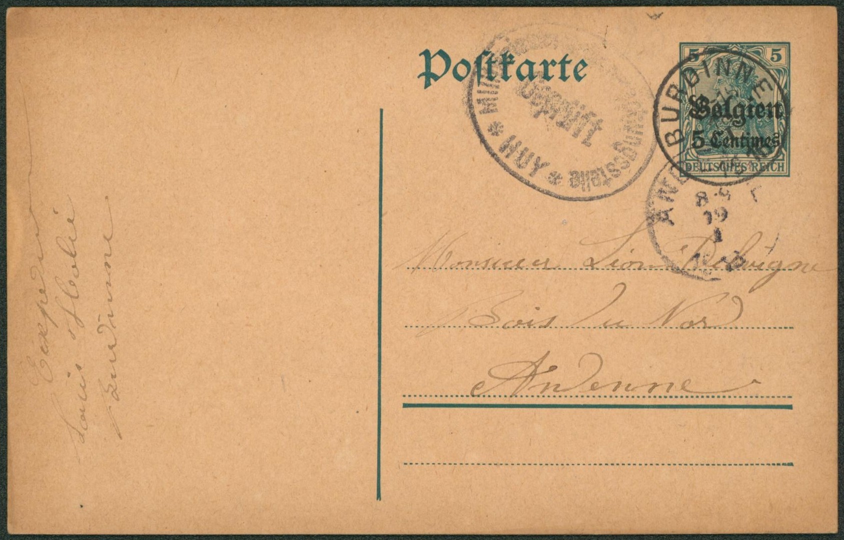 EP au type 5ctm vert occupation obl simple cercle "Burdinne" + censure Huy  > Andenne"