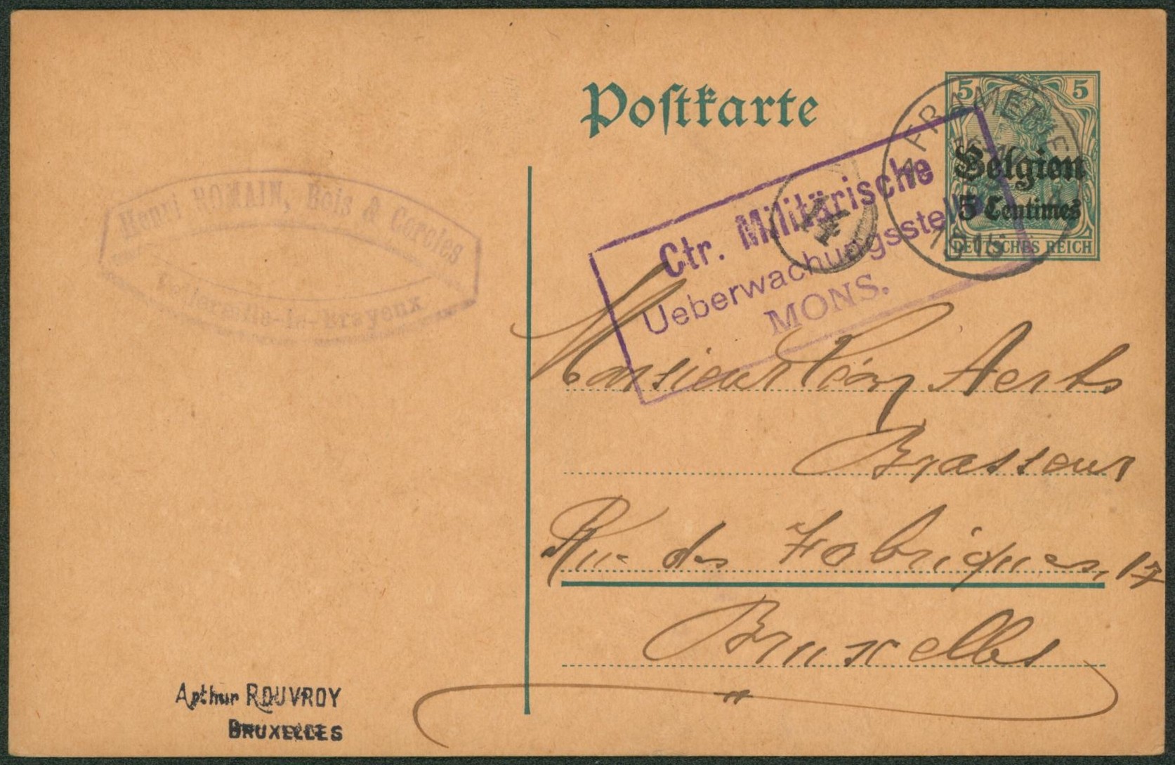 EP au type 5ctm vert occupation obl simple cercle "Frameries" (Vellereille-les-Brayeux) > Brasseur à Bruxelles. "