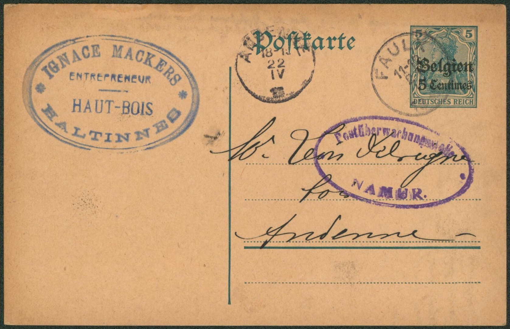 EP au type 5ctm vert occupation obl simple cercle "Faulx" (Haltinnes) > Andenne"