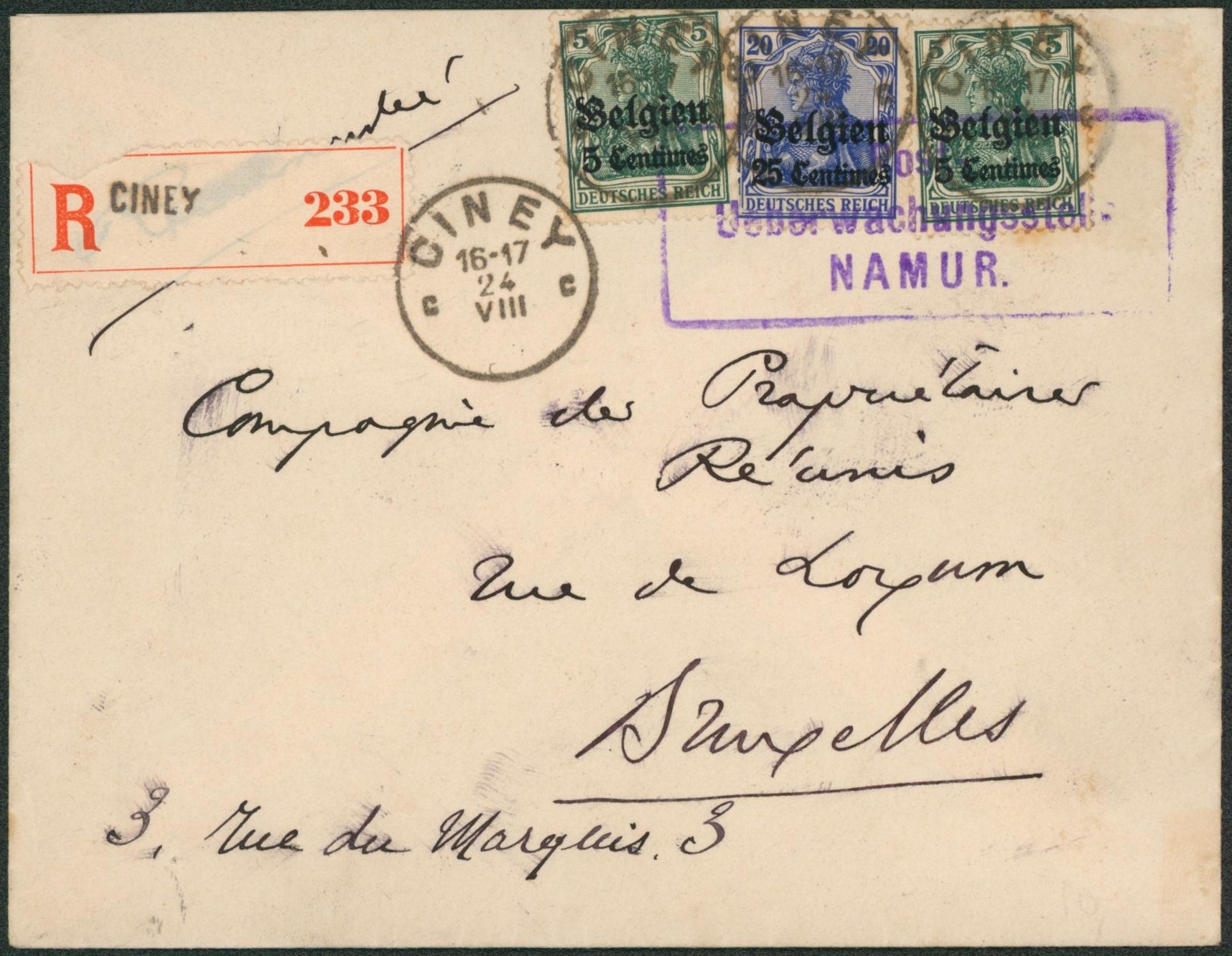 OC2 et OC4 sur lettre en recommandé obl simple cercle "Ciney c" > Bruxelles. "