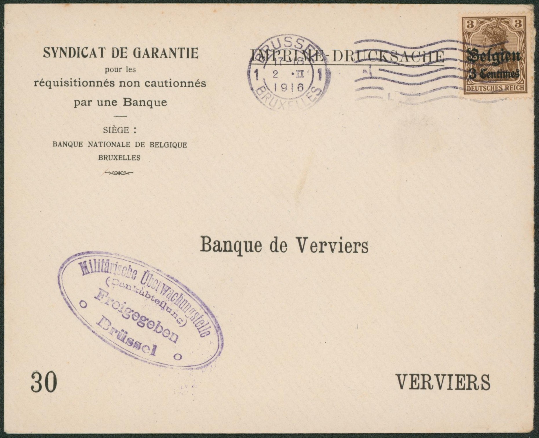 OC1 sur lettre à en-tête (syndicat de garantie pour les réquesitionnés non cautionnés par banque) de Bruxelles > Verviers. 