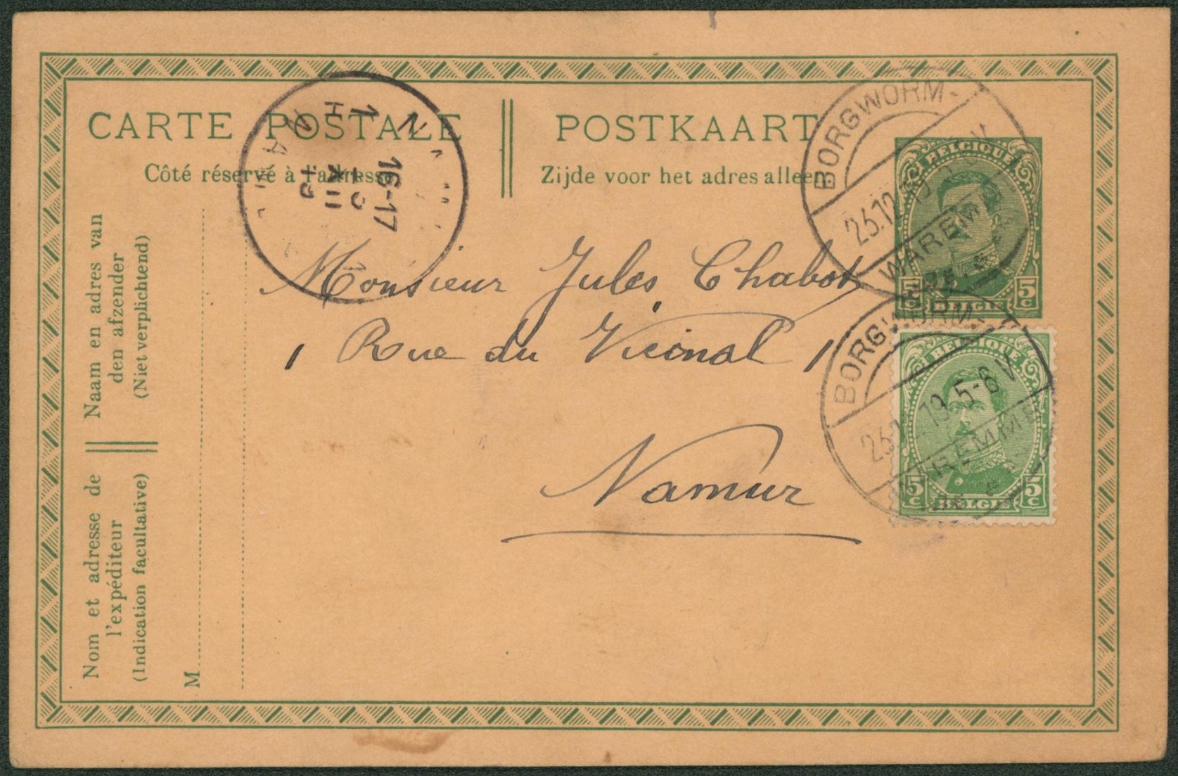 EP au type 5tm vert + n°137 obl à pont Borgworm / Waremme (Belgien gratté) > Namur / Fortune. 